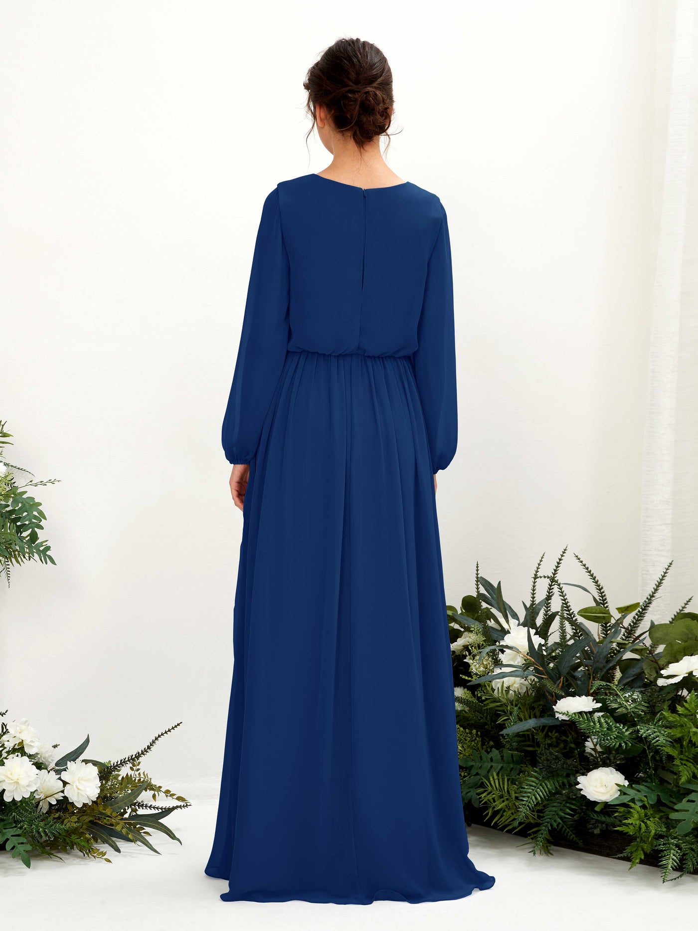 Carlyna Vestido línea A escote en V abertura pierna manga larga hasta el suelo dama de honor Azul Real #color_azul-real