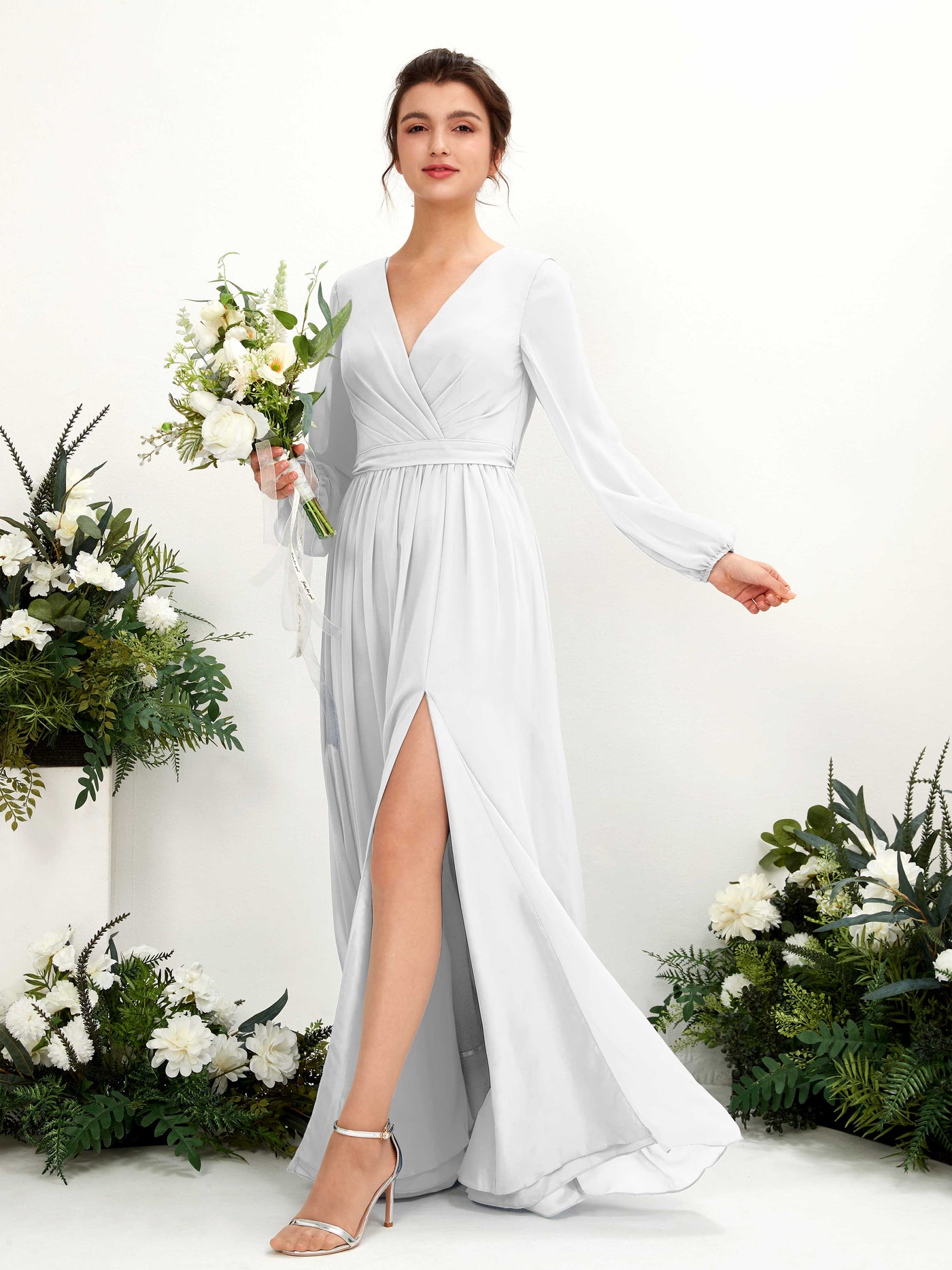 Carlyna Vestido línea A escote en V abertura pierna manga larga hasta el suelo dama de honor Blanco #color_blanco
