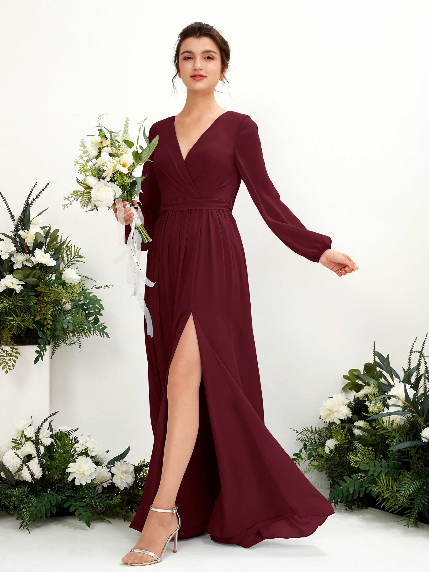 Carlyna Vestido línea A escote en V abertura pierna manga larga hasta el suelo dama de honor Borgoña #color_borgo-a