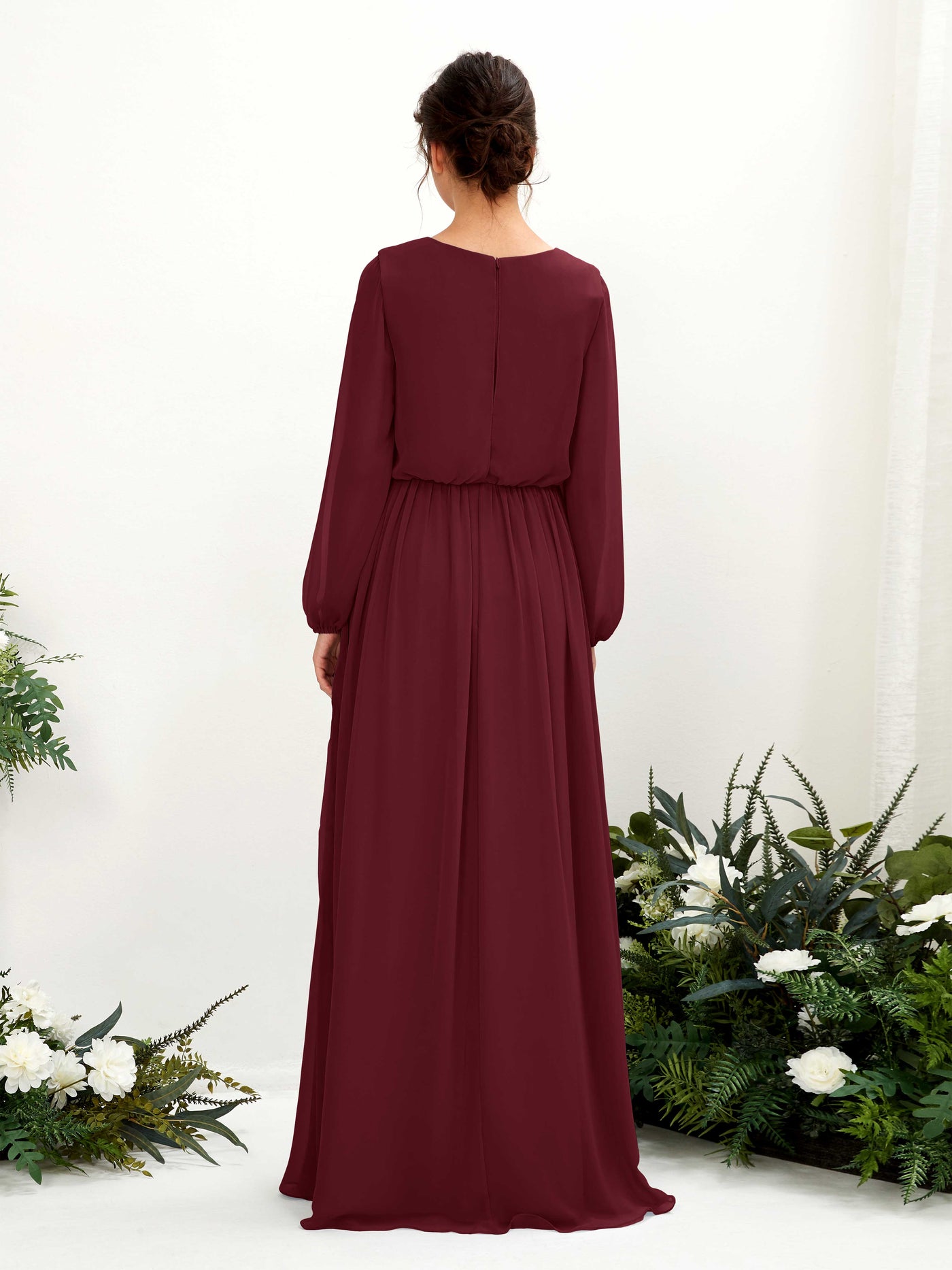 Carlyna Vestido línea A escote en V abertura pierna manga larga hasta el suelo dama de honor Borgoña #color_borgo-a
