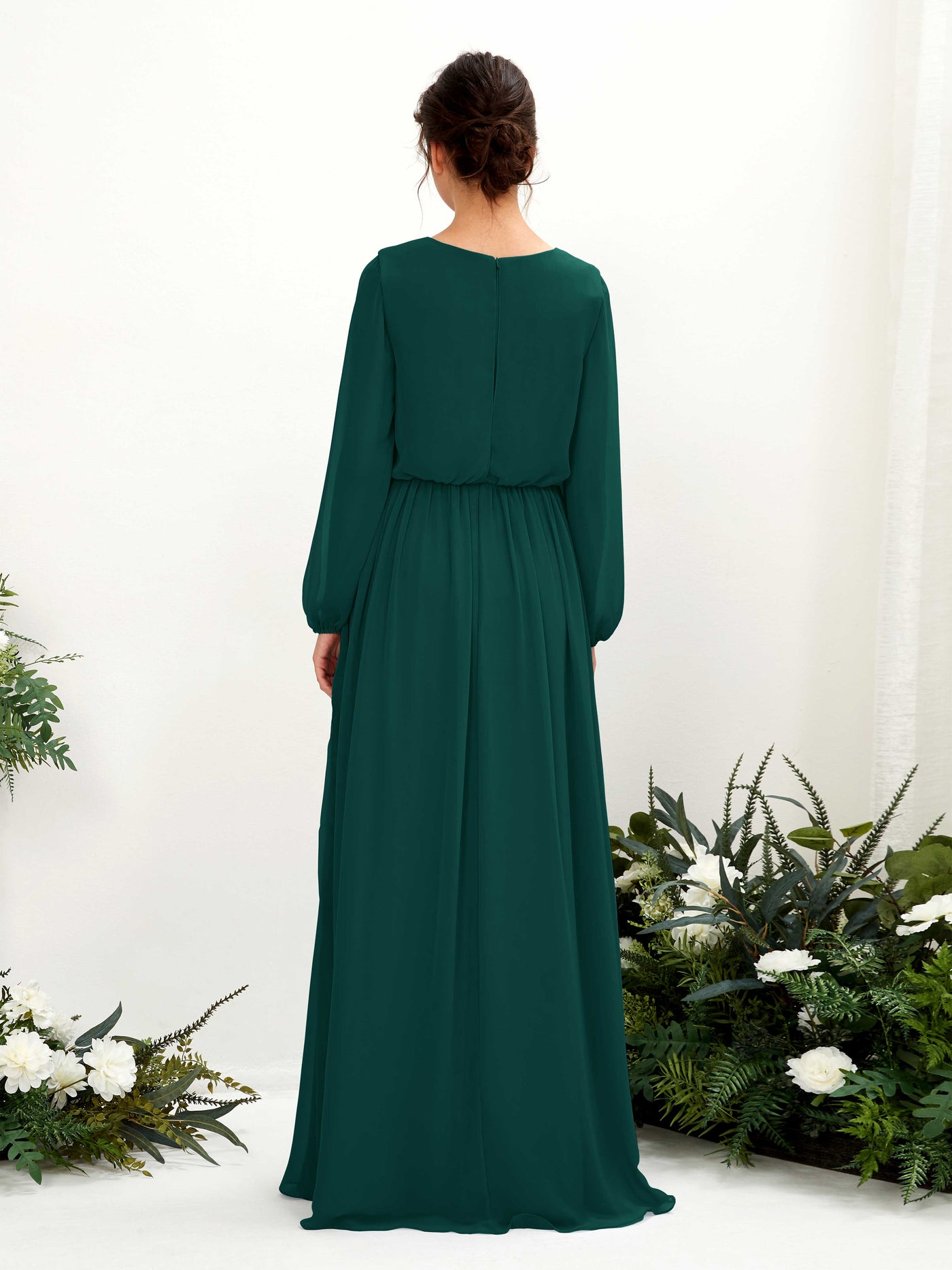 Carlyna Vestido línea A escote en V abertura pierna manga larga hasta el suelo dama de honor Esmeralda Oscuro #color_esmeralda-oscuro