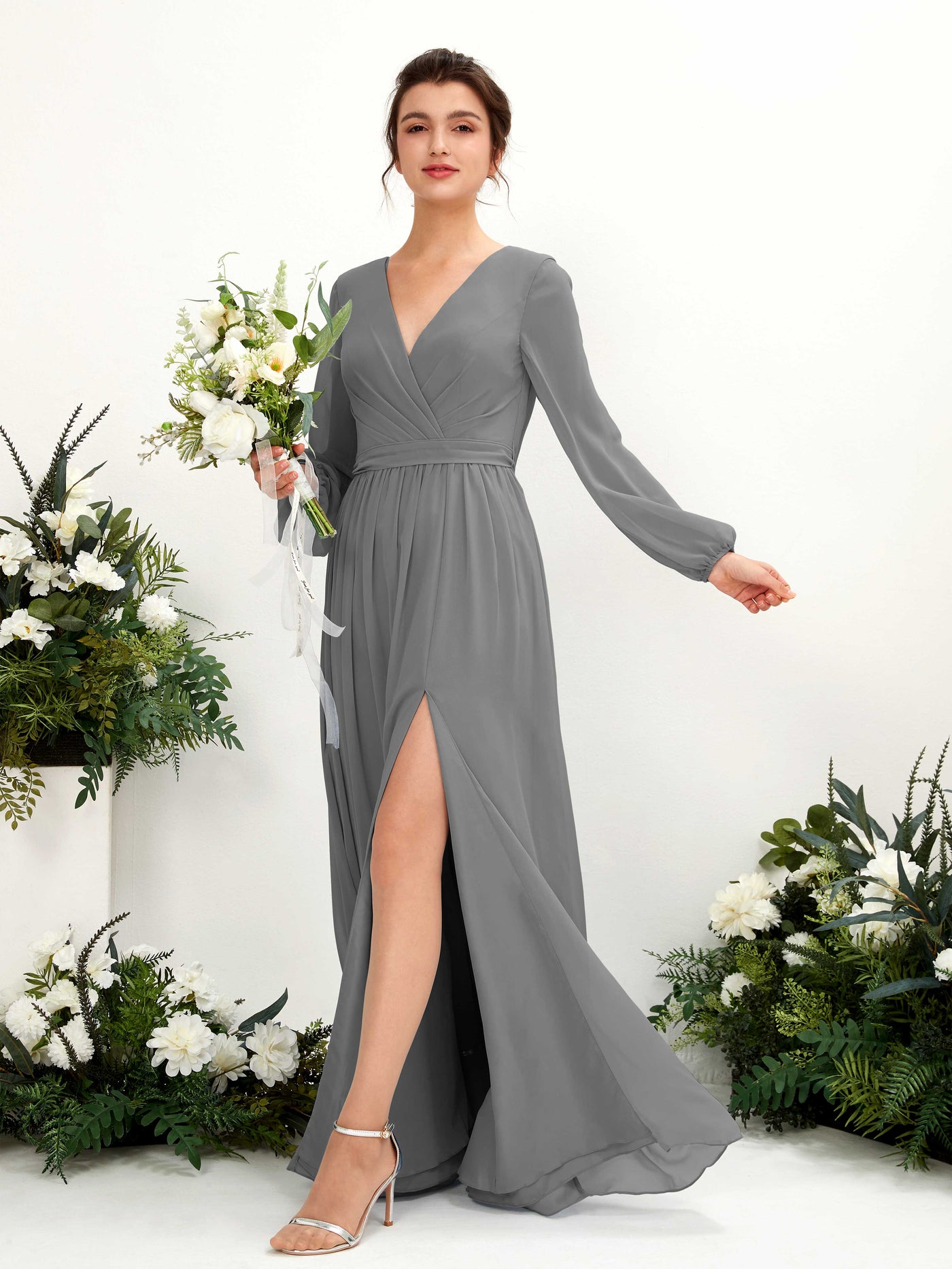 Carlyna Vestido línea A escote en V abertura pierna manga larga hasta el suelo dama de honor Gris Acero #color_gris-acero