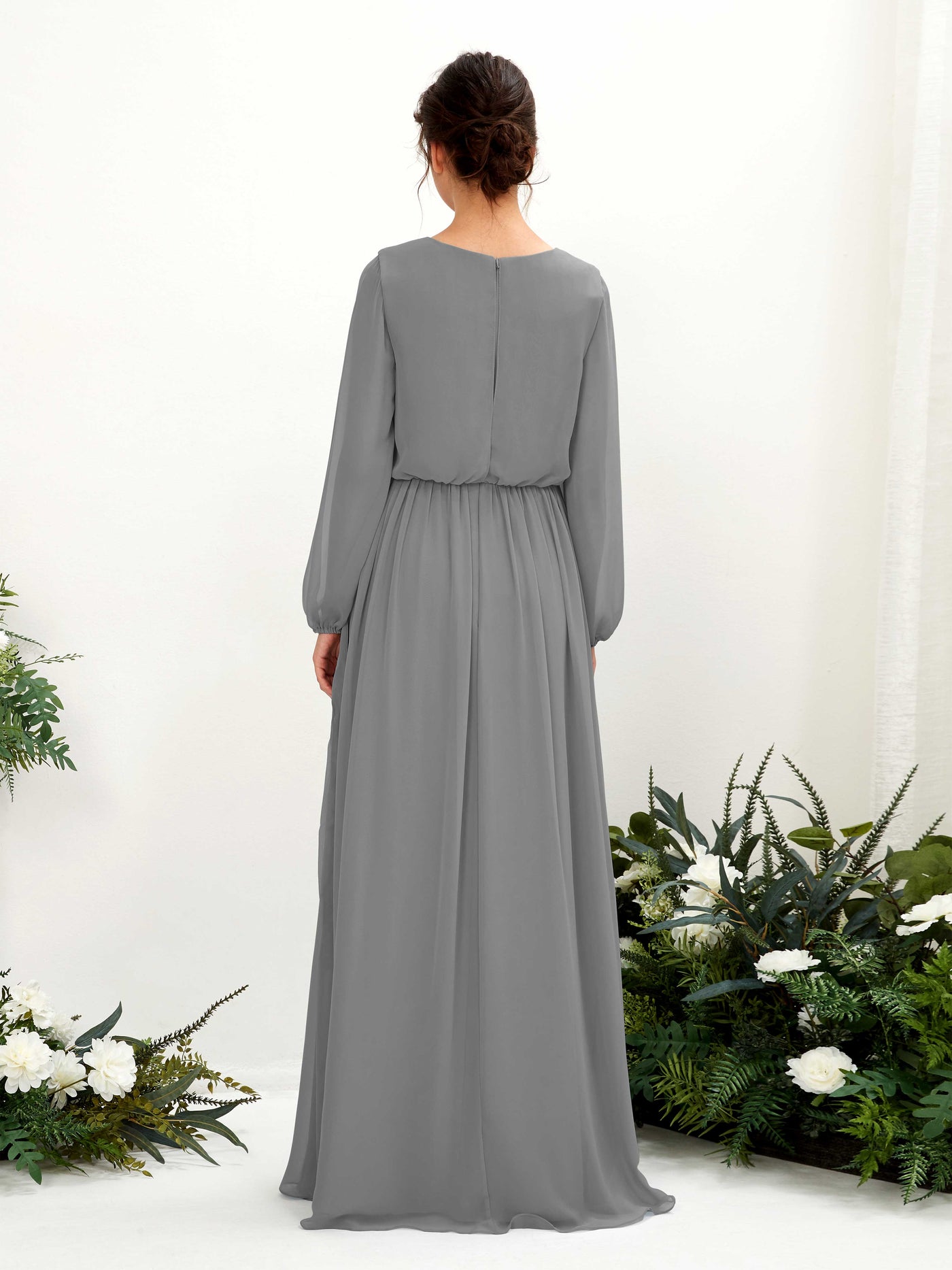 Carlyna Vestido línea A escote en V abertura pierna manga larga hasta el suelo dama de honor Gris Acero #color_gris-acero