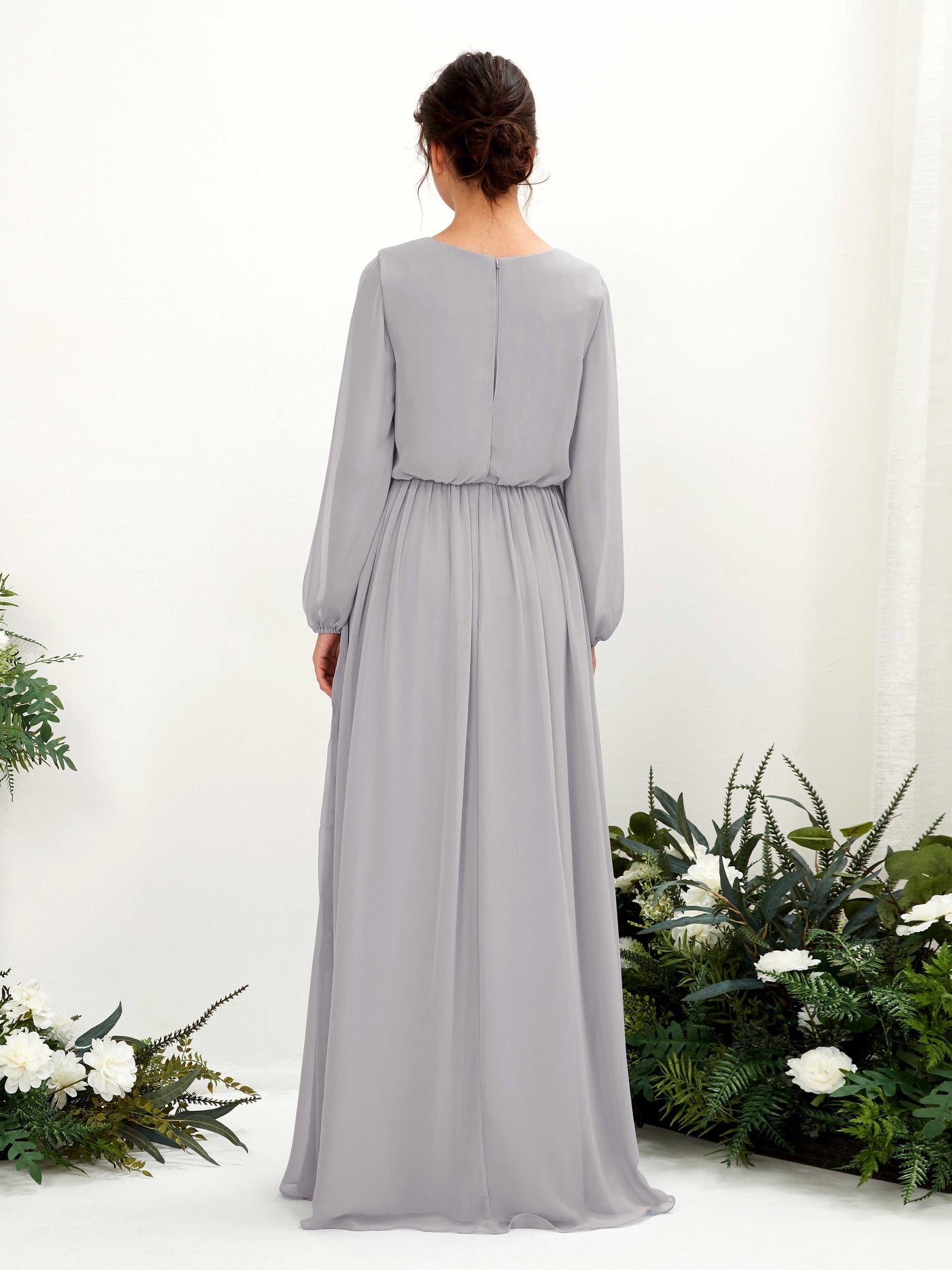 Carlyna Vestido línea A escote en V abertura pierna manga larga hasta el suelo dama de honor Gris Paloma #color_gris-paloma