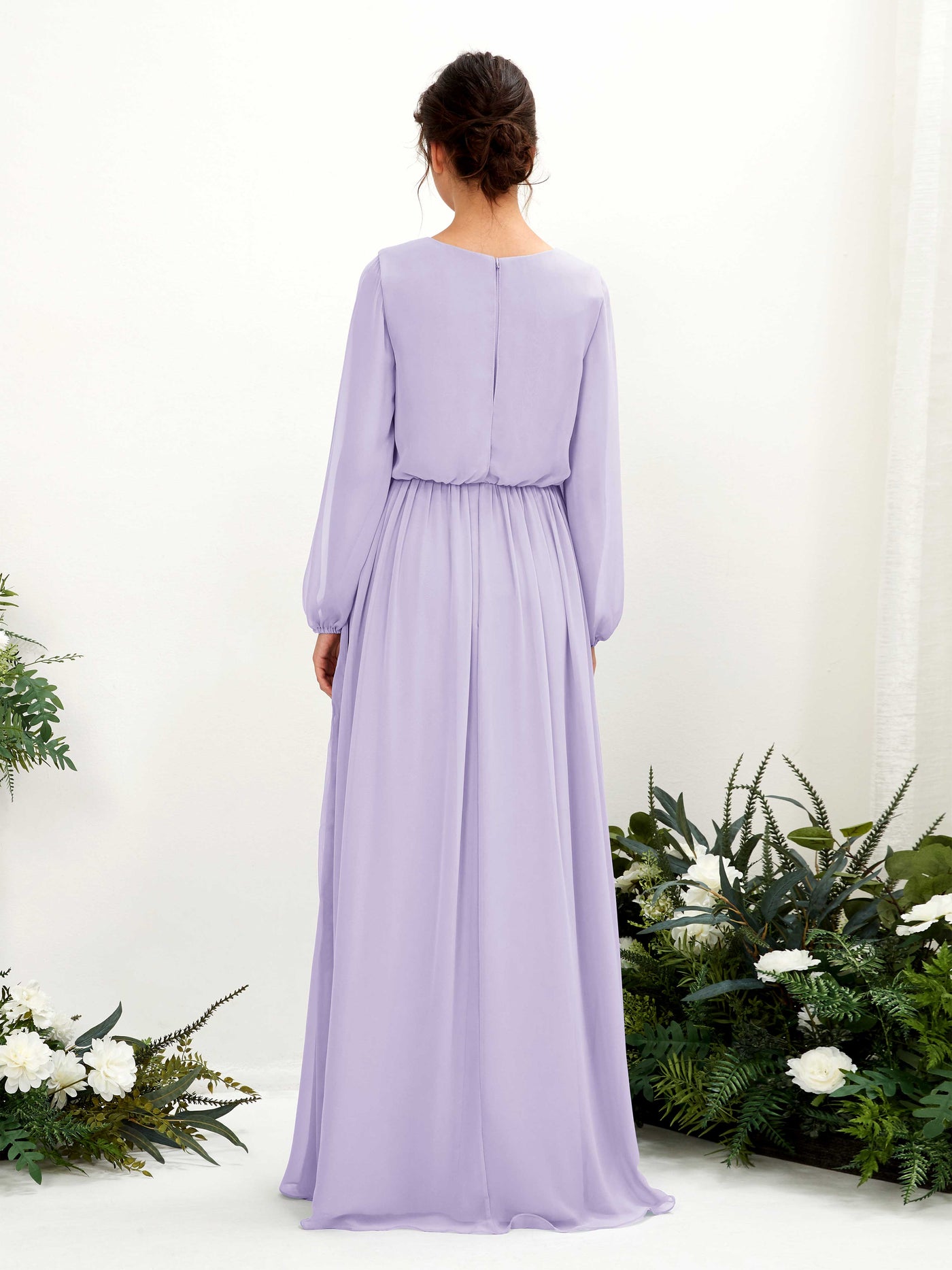Carlyna Vestido línea A escote en V abertura pierna manga larga hasta el suelo dama de honor Lila #color_lila