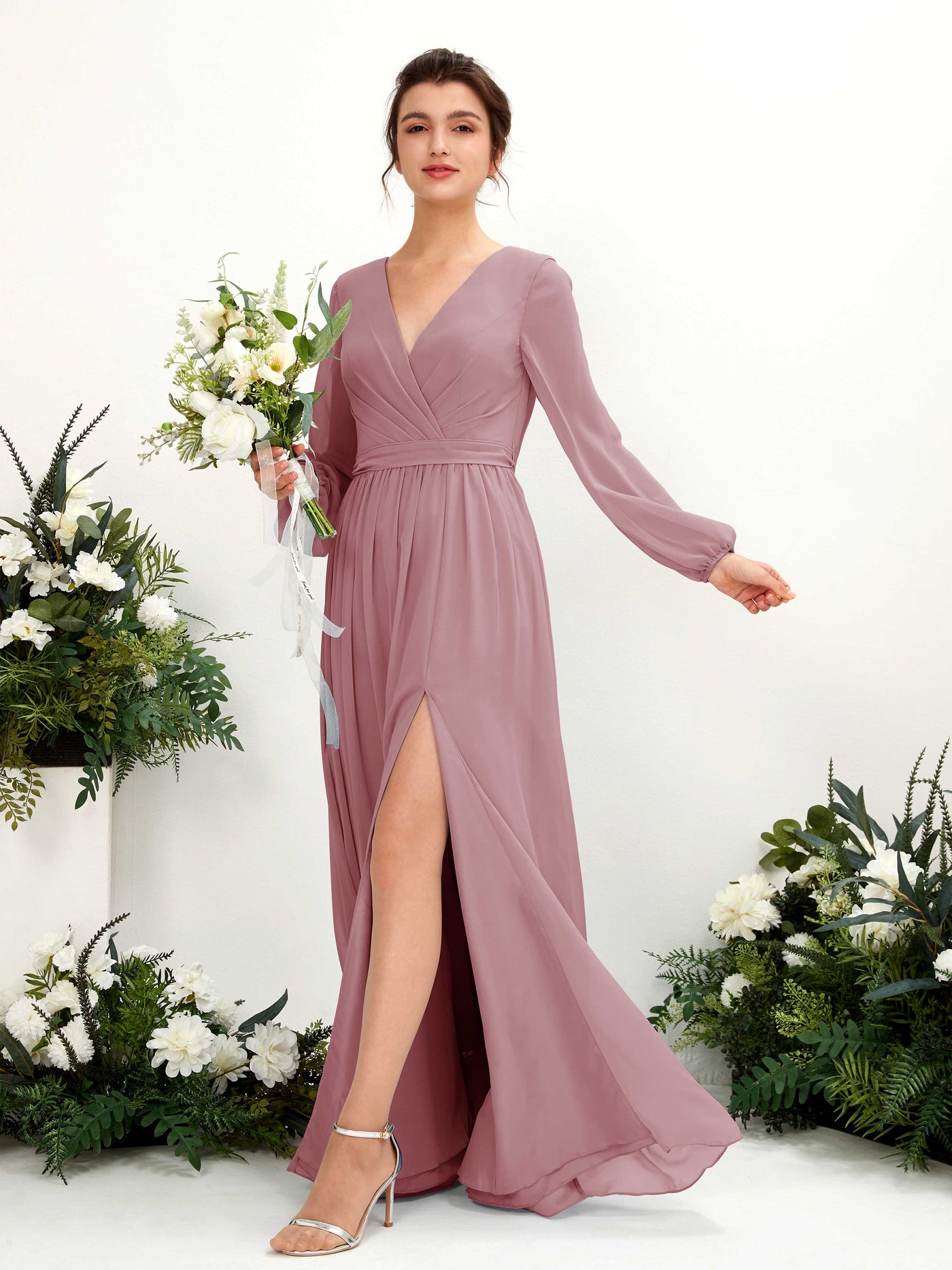 Carlyna Vestido línea A escote en V abertura pierna manga larga hasta el suelo dama de honor Malva Clásico #color_malva-cl-sico