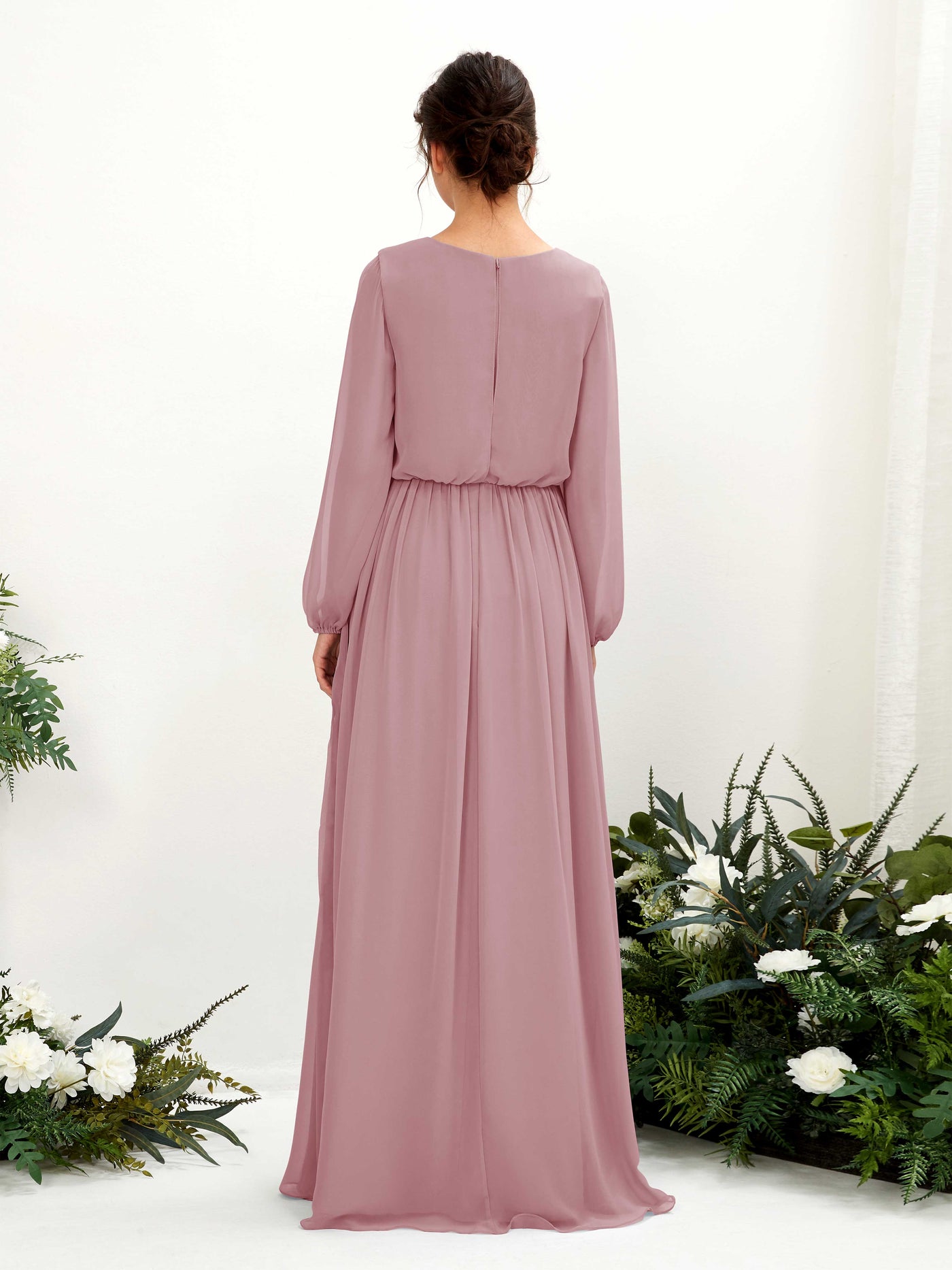 Carlyna Vestido línea A escote en V abertura pierna manga larga hasta el suelo dama de honor Malva Clásico #color_malva-cl-sico