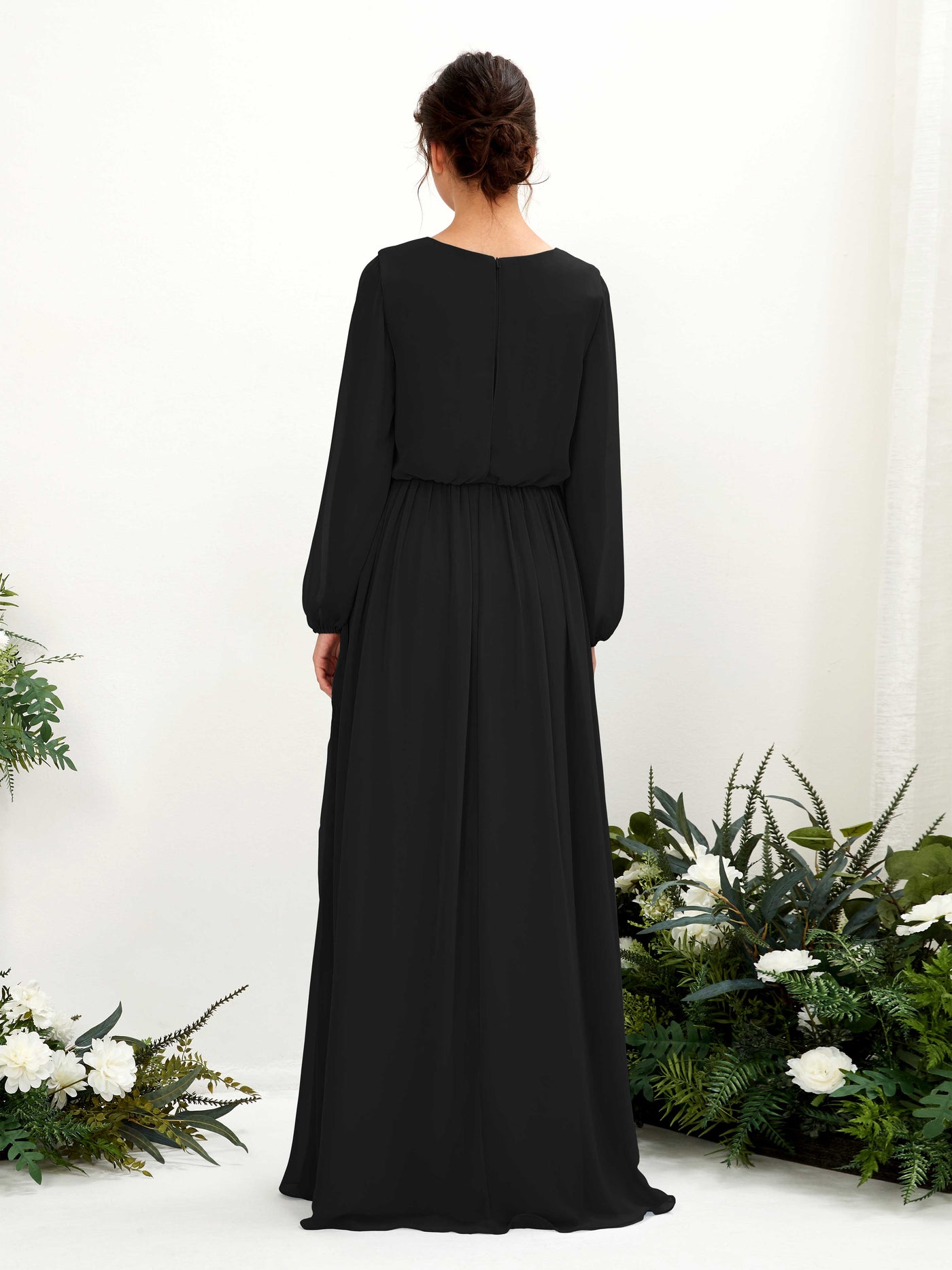 Carlyna Vestido línea A escote en V abertura pierna manga larga hasta el suelo dama de honor Negro #color_negro
