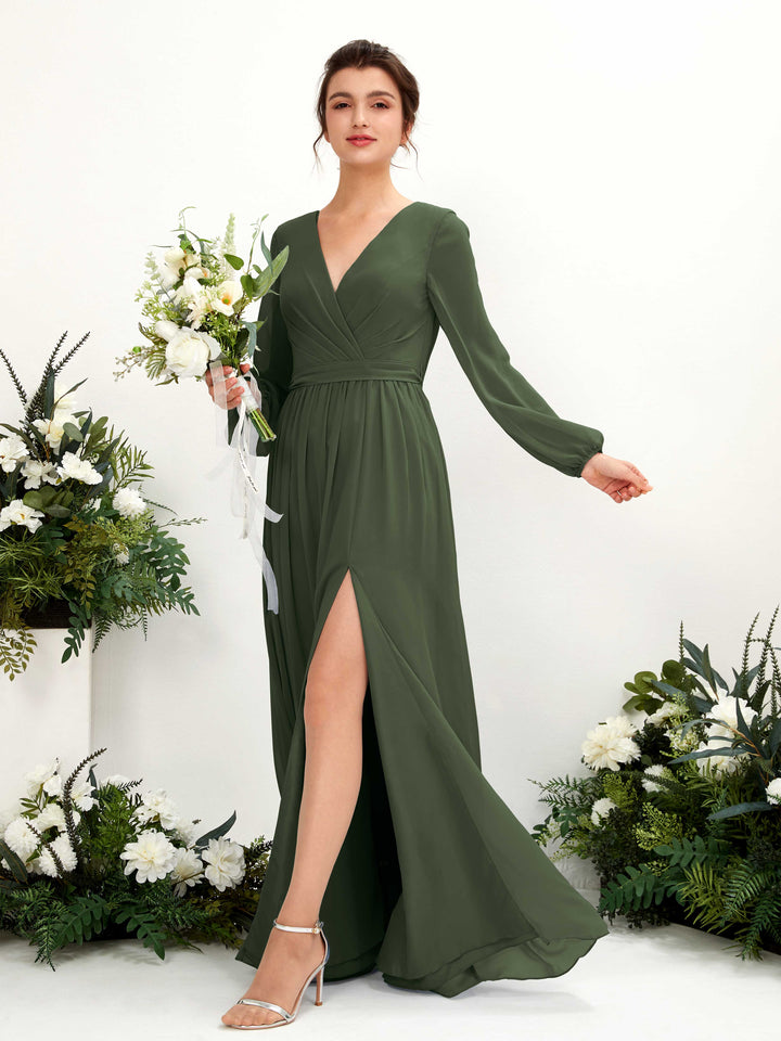 Carlyna Vestido línea A escote en V abertura pierna manga larga hasta el suelo dama de honor Oliva Martini 