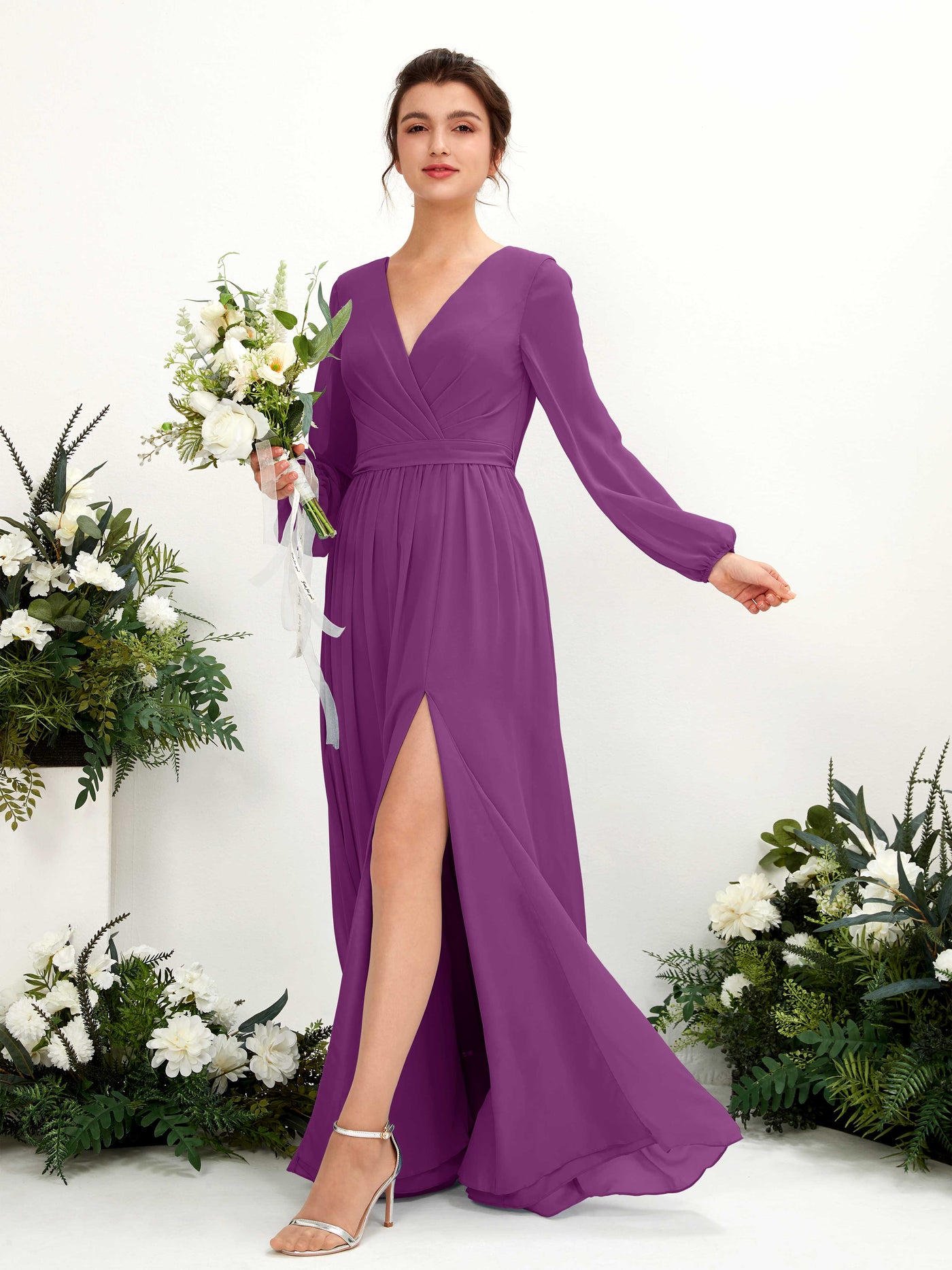 Carlyna Vestido línea A escote en V abertura pierna manga larga hasta el suelo dama de honor Púrpura #color_p-rpura