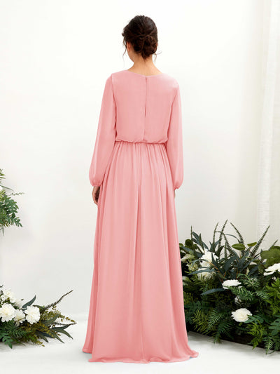 Carlyna Vestido línea A escote en V abertura pierna manga larga hasta el suelo dama de honor Rosa Ballet #color_rosa-ballet