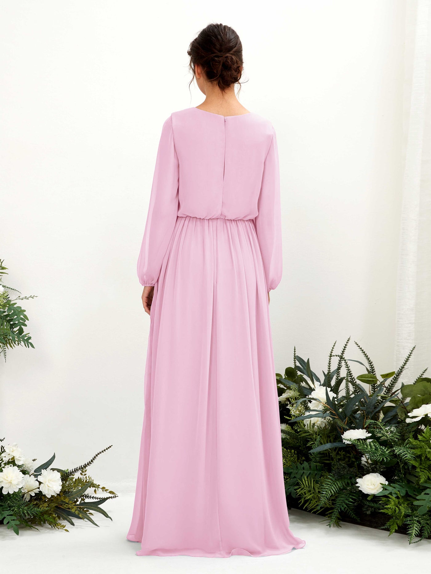 Carlyna Vestido línea A escote en V abertura pierna manga larga hasta el suelo dama de honor Rosa Caramelo #color_rosa-caramelo