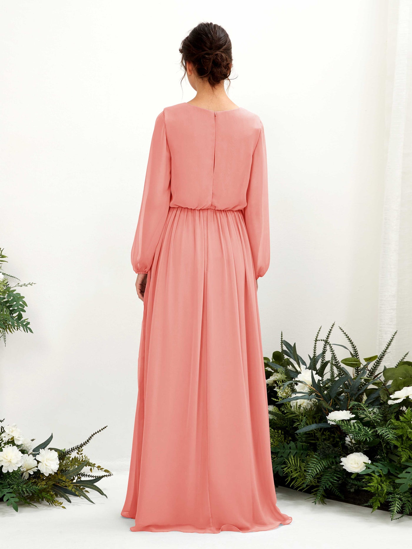 Carlyna Vestido línea A escote en V abertura pierna manga larga hasta el suelo dama de honor Rosa Melocotón #color_rosa-melocot-n