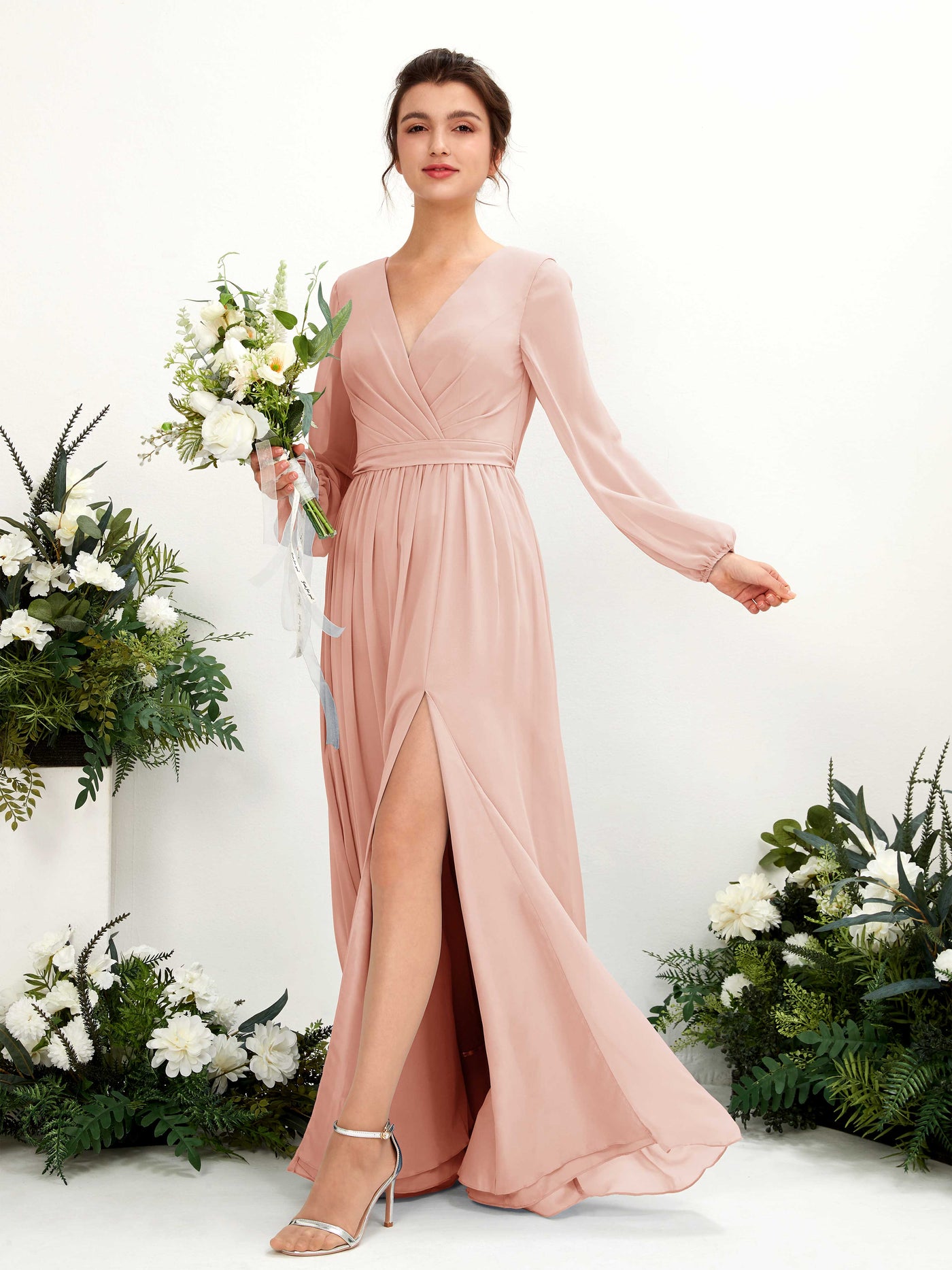 Carlyna Vestido línea A escote en V abertura pierna manga larga hasta el suelo dama de honor Rosa Perla #color_rosa-perla