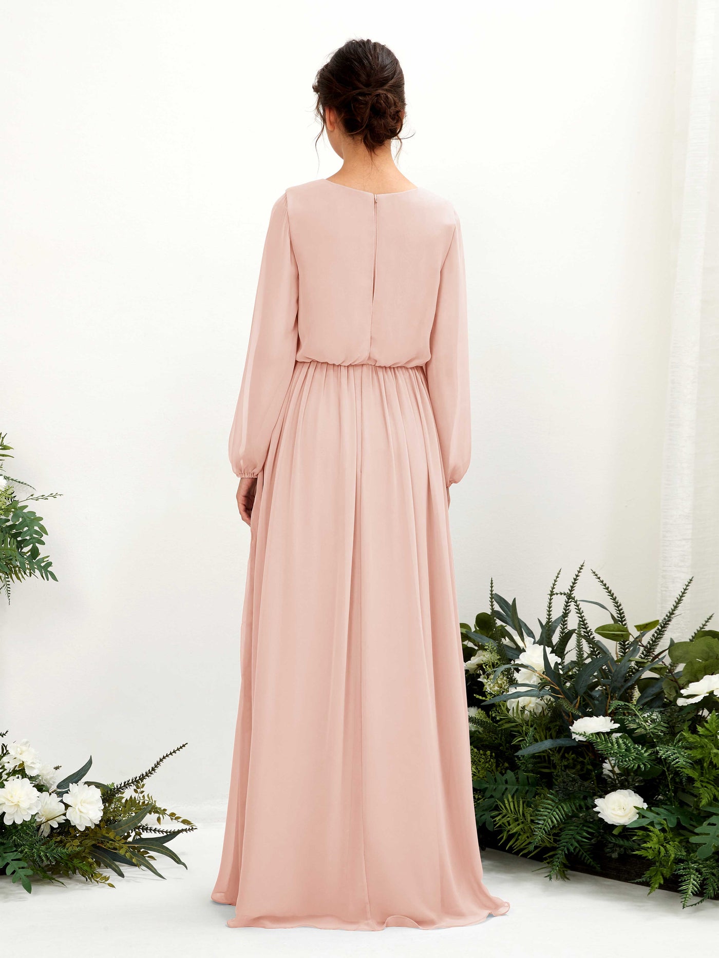 Carlyna Vestido línea A escote en V abertura pierna manga larga hasta el suelo dama de honor Rosa Perla #color_rosa-perla