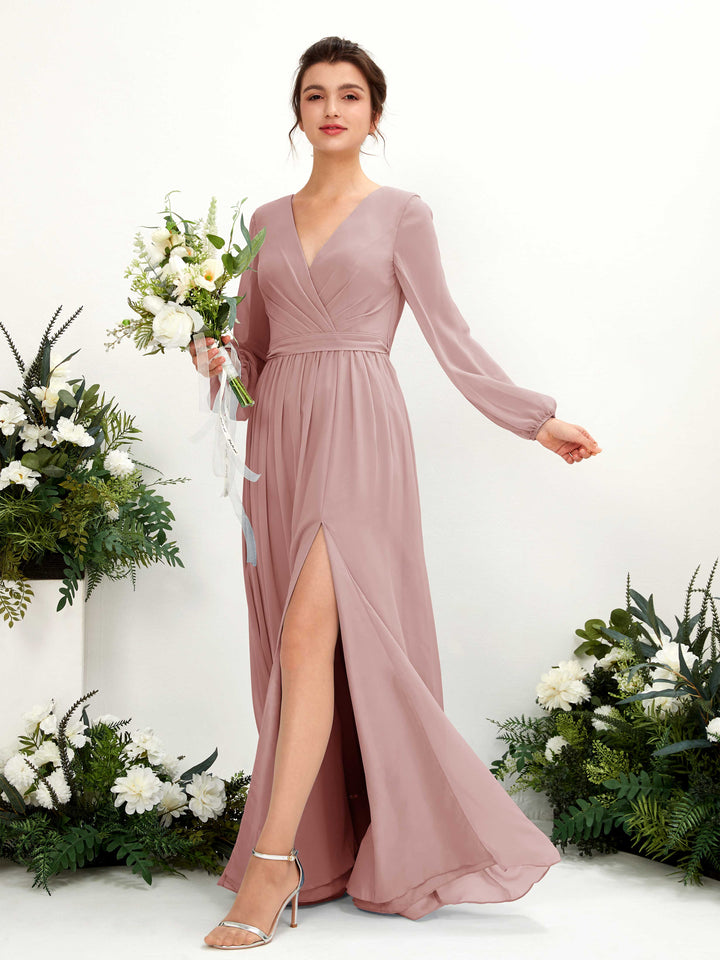 Carlyna Vestido línea A escote en V abertura pierna manga larga hasta el suelo dama de honor Rosa Polvorienta 
