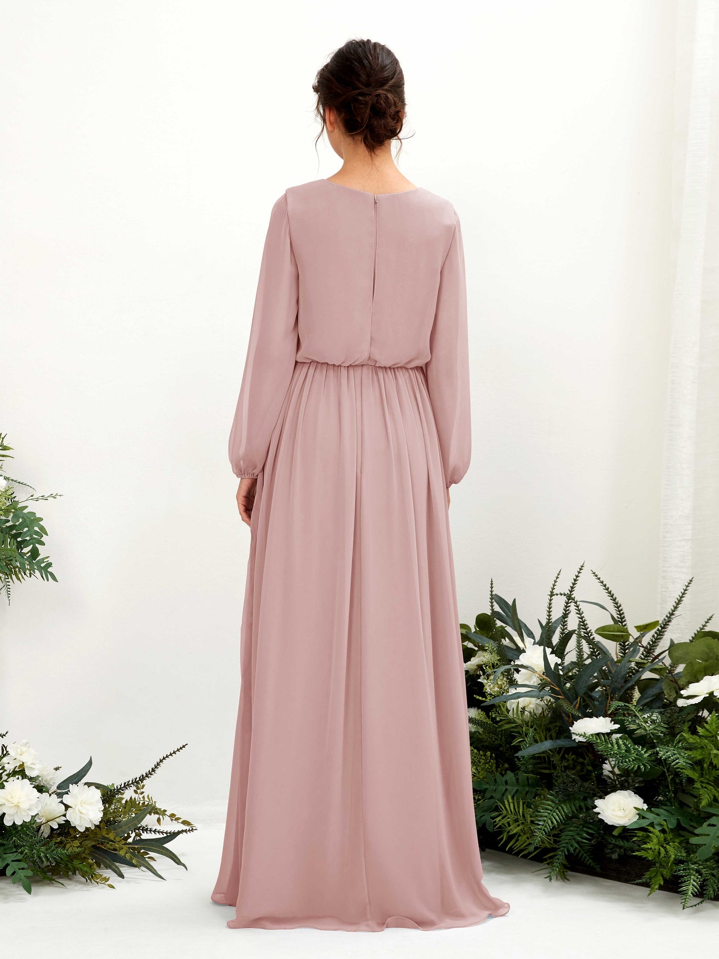 Carlyna Vestido línea A escote en V abertura pierna manga larga hasta el suelo dama de honor Rosa Polvorienta #color_rosa-polvorienta