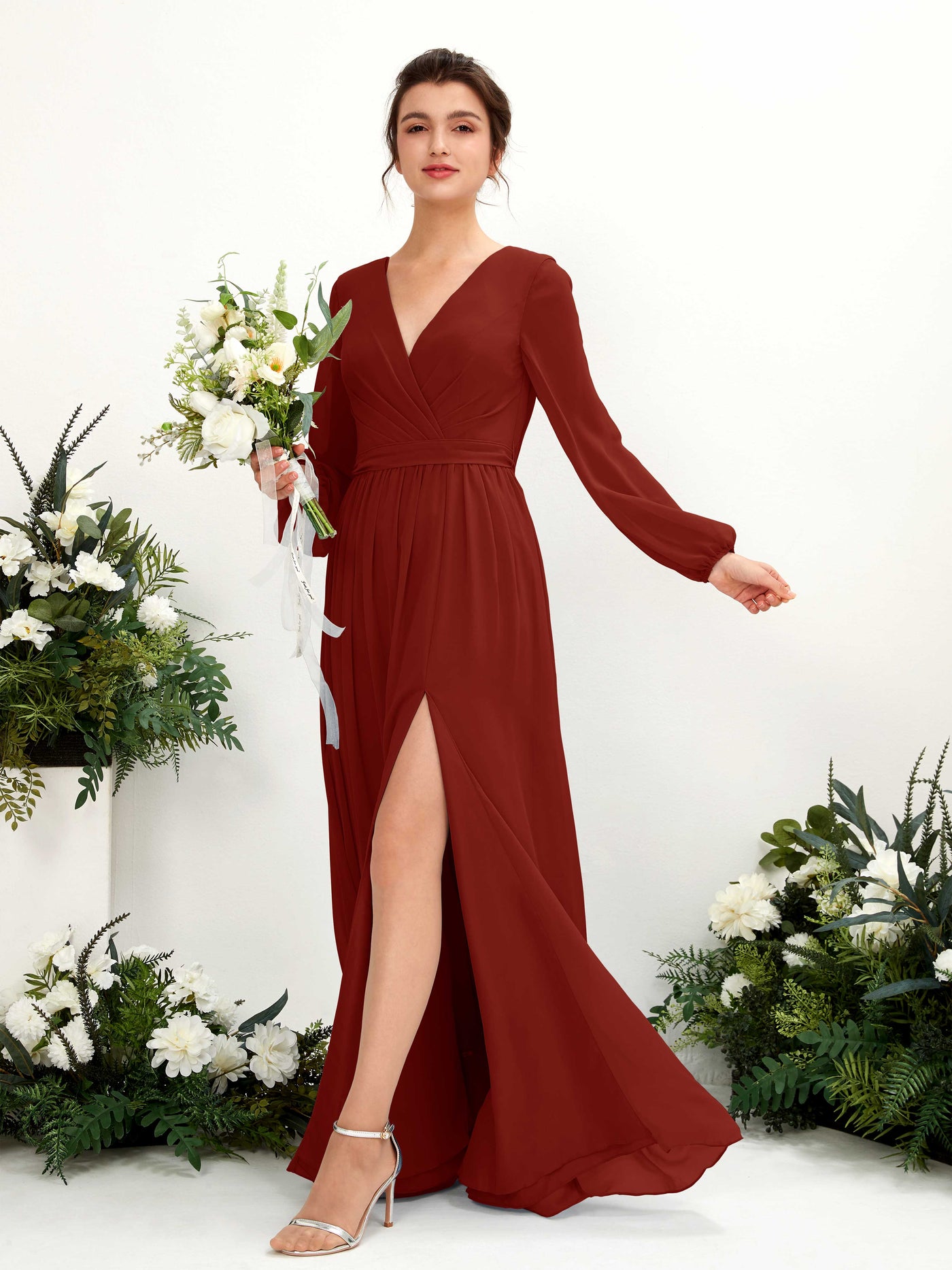 Carlyna Vestido línea A escote en V abertura pierna manga larga hasta el suelo dama de honor Óxido #color_xido