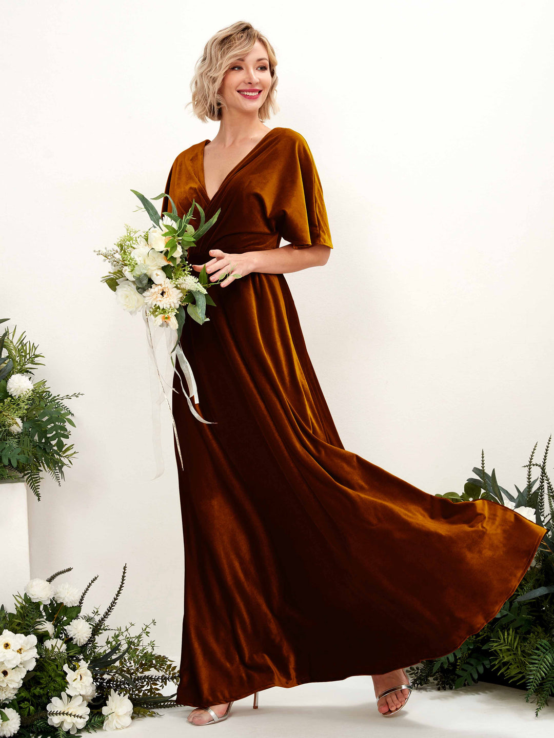 Carlyna Vestido Línea A Escote en V Escote Cruzado Hasta el Suelo Vestidos de Dama de Honor Naranja Burant 