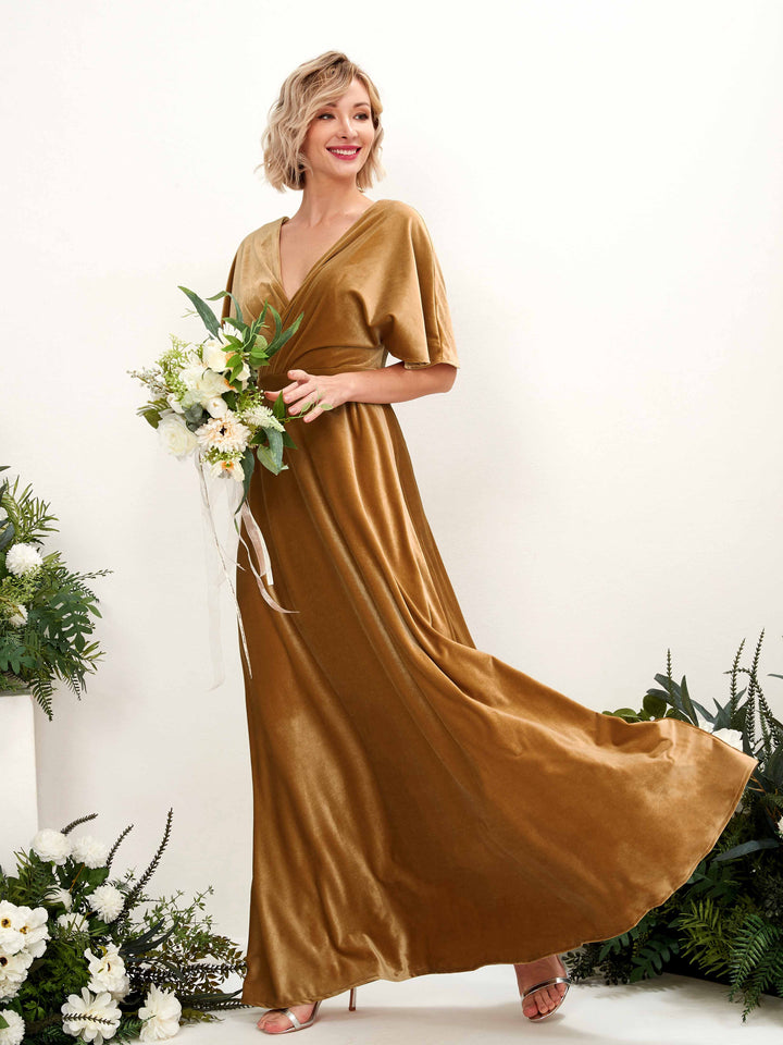 Carlyna Vestido Línea A Escote en V Escote Cruzado Hasta el Suelo Vestidos de Dama de Honor Oro Bruñido 