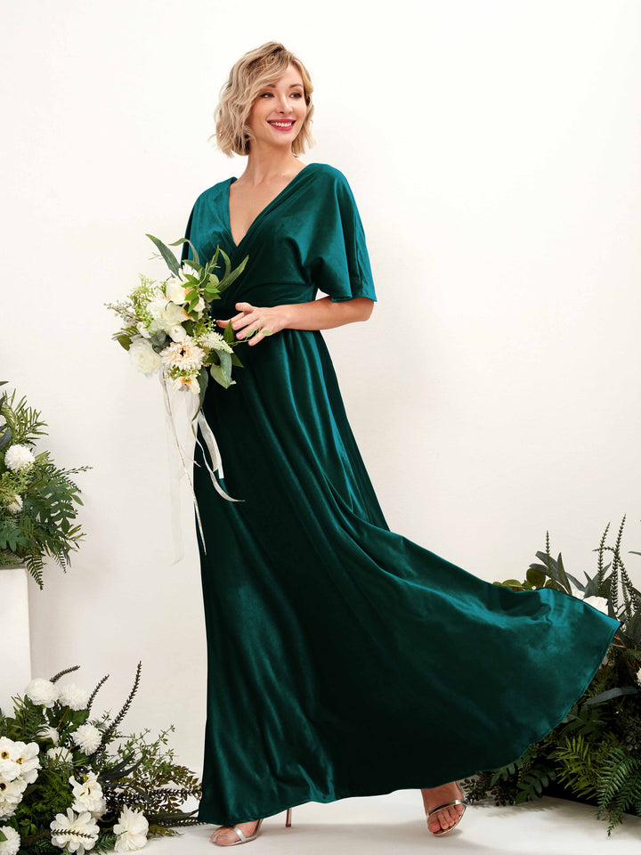 Carlyna Vestido Línea A Escote en V Escote Cruzado Hasta el Suelo Vestidos de Dama de Honor Verde Militer 