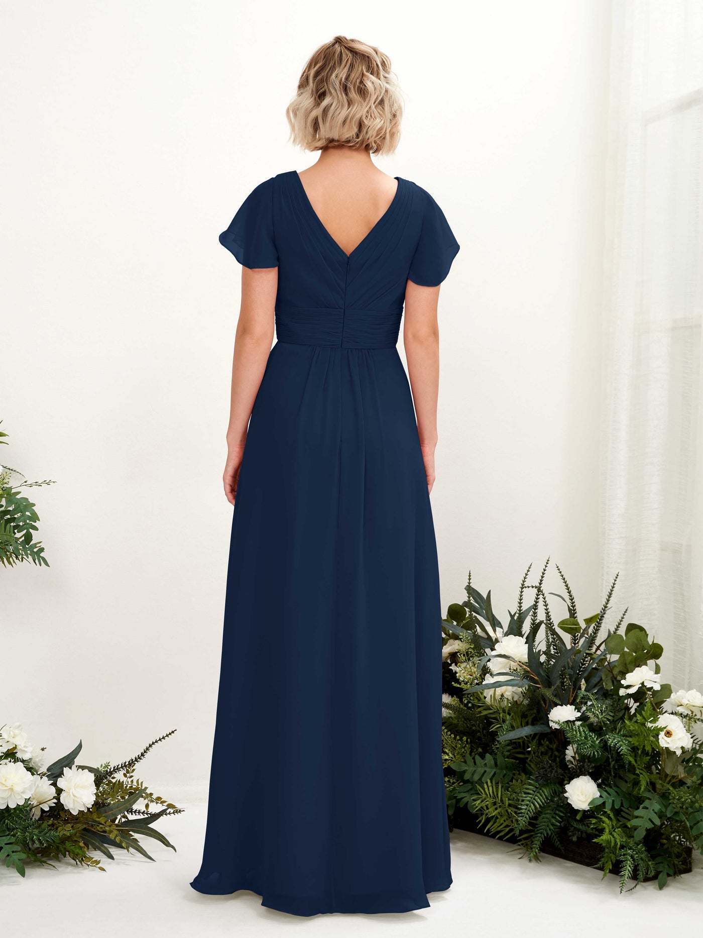 Carlyna Vestido línea A escote en V escote cruzado manga con vuelo hasta el suelo Azul Marino #color_azul-marino
