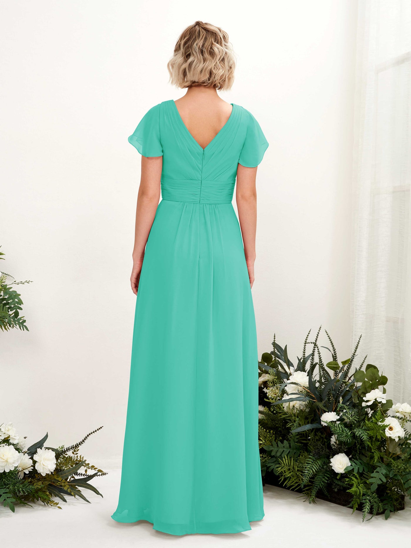 Carlyna Vestido línea A escote en V escote cruzado manga con vuelo hasta el suelo Azul Tiffany #color_azul-tiffany