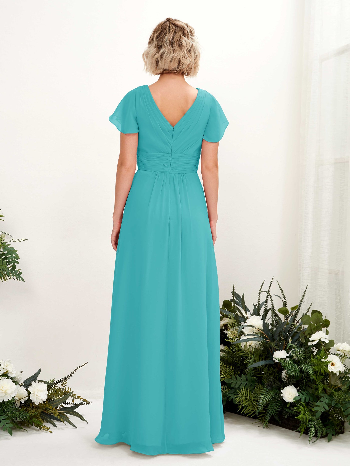 Carlyna Vestido línea A escote en V escote cruzado manga con vuelo hasta el suelo Turquesa #color_turquesa