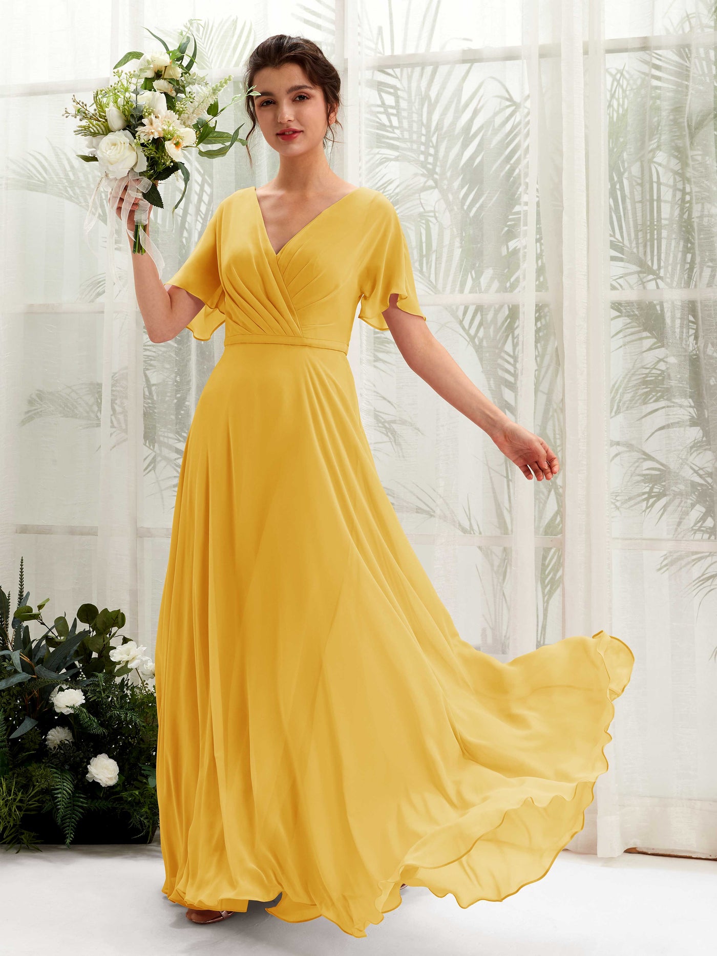 Carlyna Vestido Línea A Escote en V Escote cruzado Manga con vuelo Hasta el suelo Vestidos de dama de honor Amarillo Mostaza #color_amarillo-mostaza
