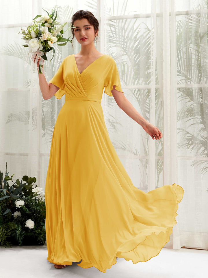 Carlyna Vestido Línea A Escote en V Escote cruzado Manga con vuelo Hasta el suelo Vestidos de dama de honor Amarillo Mostaza 