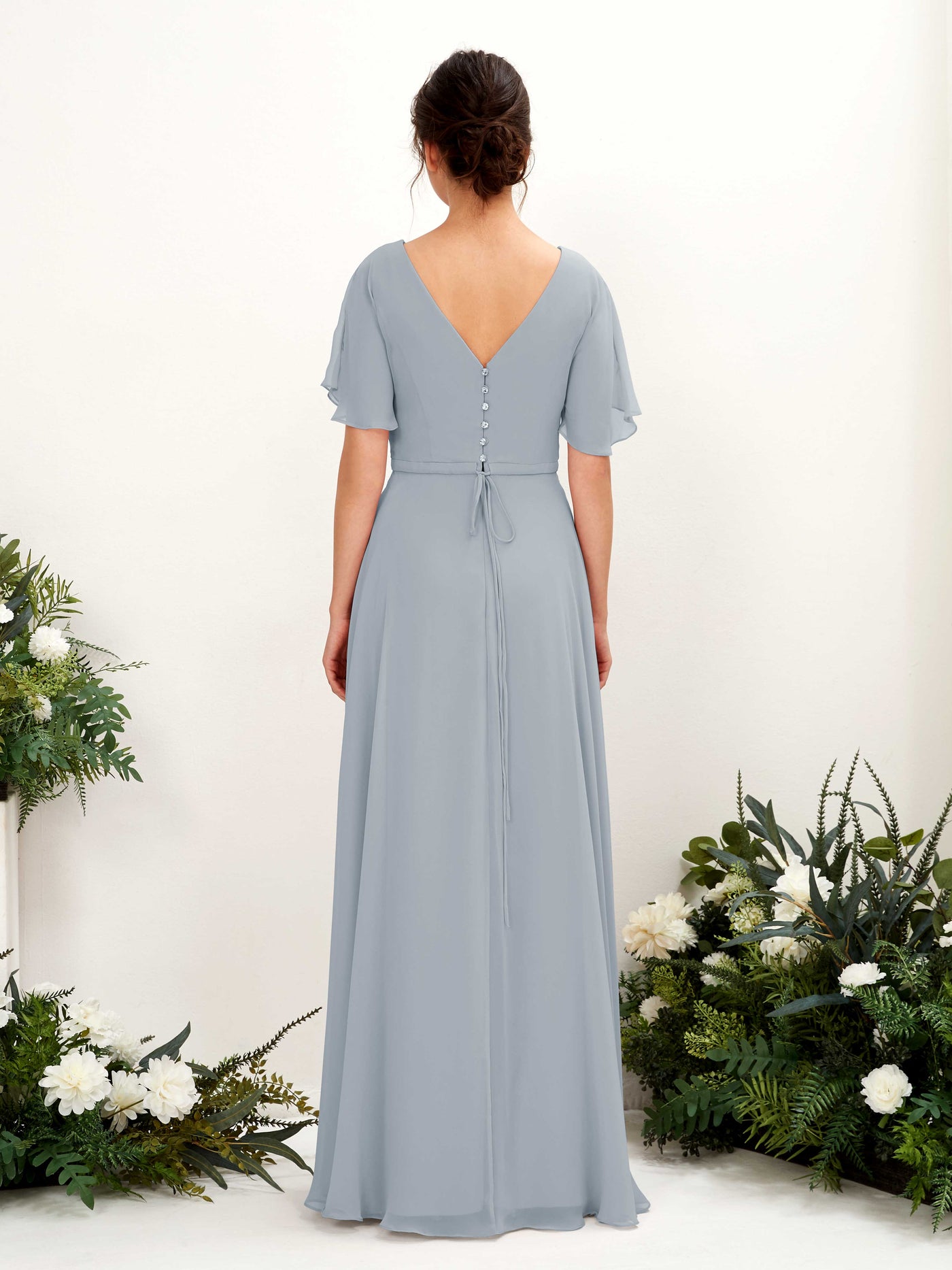 Carlyna Vestido Línea A Escote en V Escote cruzado Manga con vuelo Hasta el suelo Vestidos de dama de honor Azul Empolvado Mejorado #color_azul-empolvado-mejorado