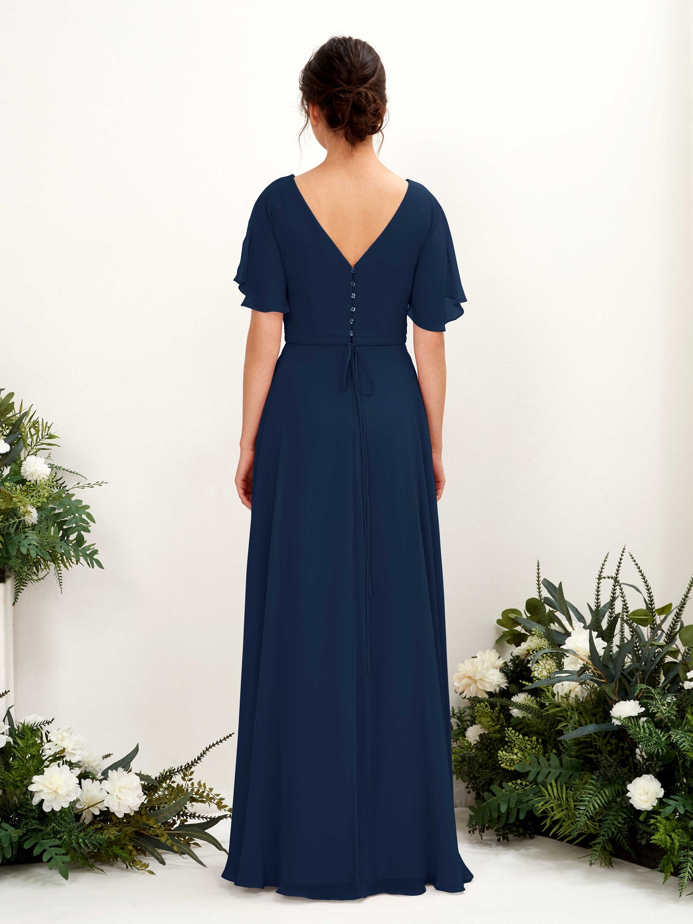 Carlyna Vestido Línea A Escote en V Escote cruzado Manga con vuelo Hasta el suelo Vestidos de dama de honor Azul Marino #color_azul-marino