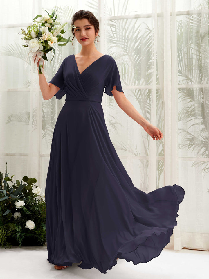 Carlyna Vestido Línea A Escote en V Escote cruzado Manga con vuelo Hasta el suelo Vestidos de dama de honor Azul Marino Oscuro 