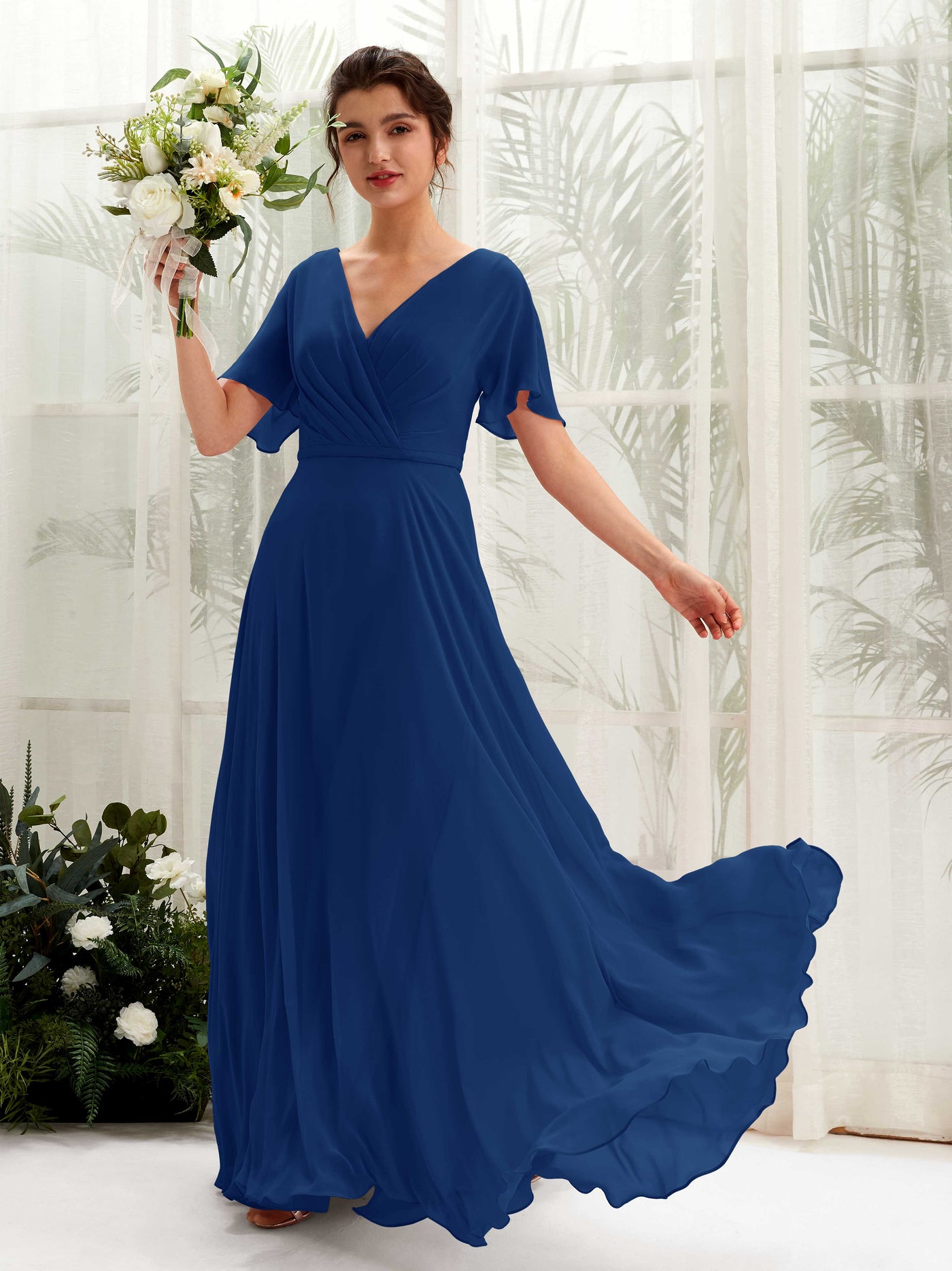 Carlyna Vestido Línea A Escote en V Escote cruzado Manga con vuelo Hasta el suelo Vestidos de dama de honor Azul Real #color_azul-real