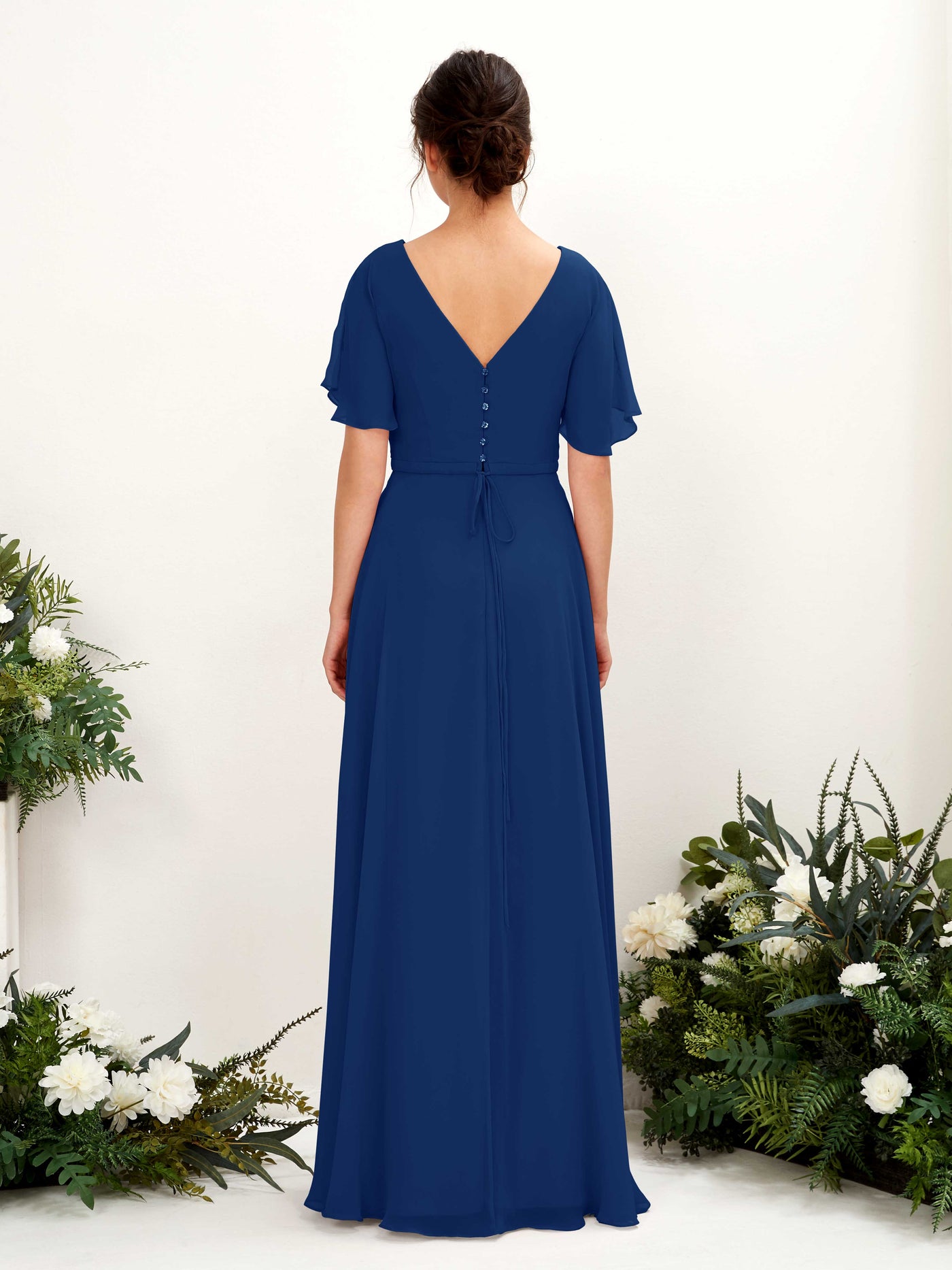 Carlyna Vestido Línea A Escote en V Escote cruzado Manga con vuelo Hasta el suelo Vestidos de dama de honor Azul Real #color_azul-real