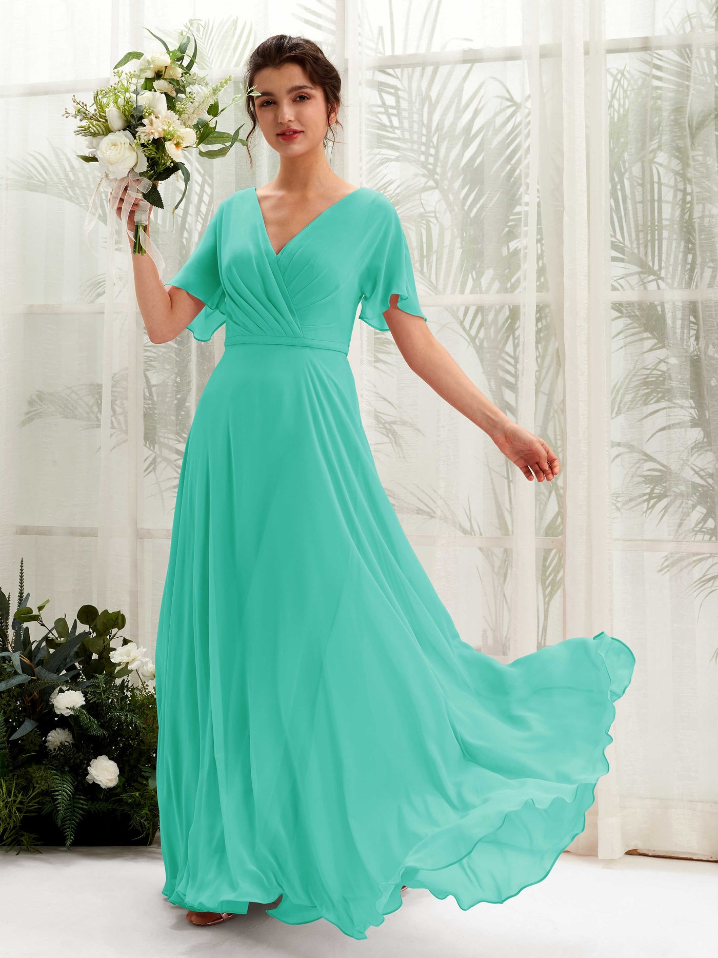 Carlyna Vestido Línea A Escote en V Escote cruzado Manga con vuelo Hasta el suelo Vestidos de dama de honor Azul Tiffany #color_azul-tiffany