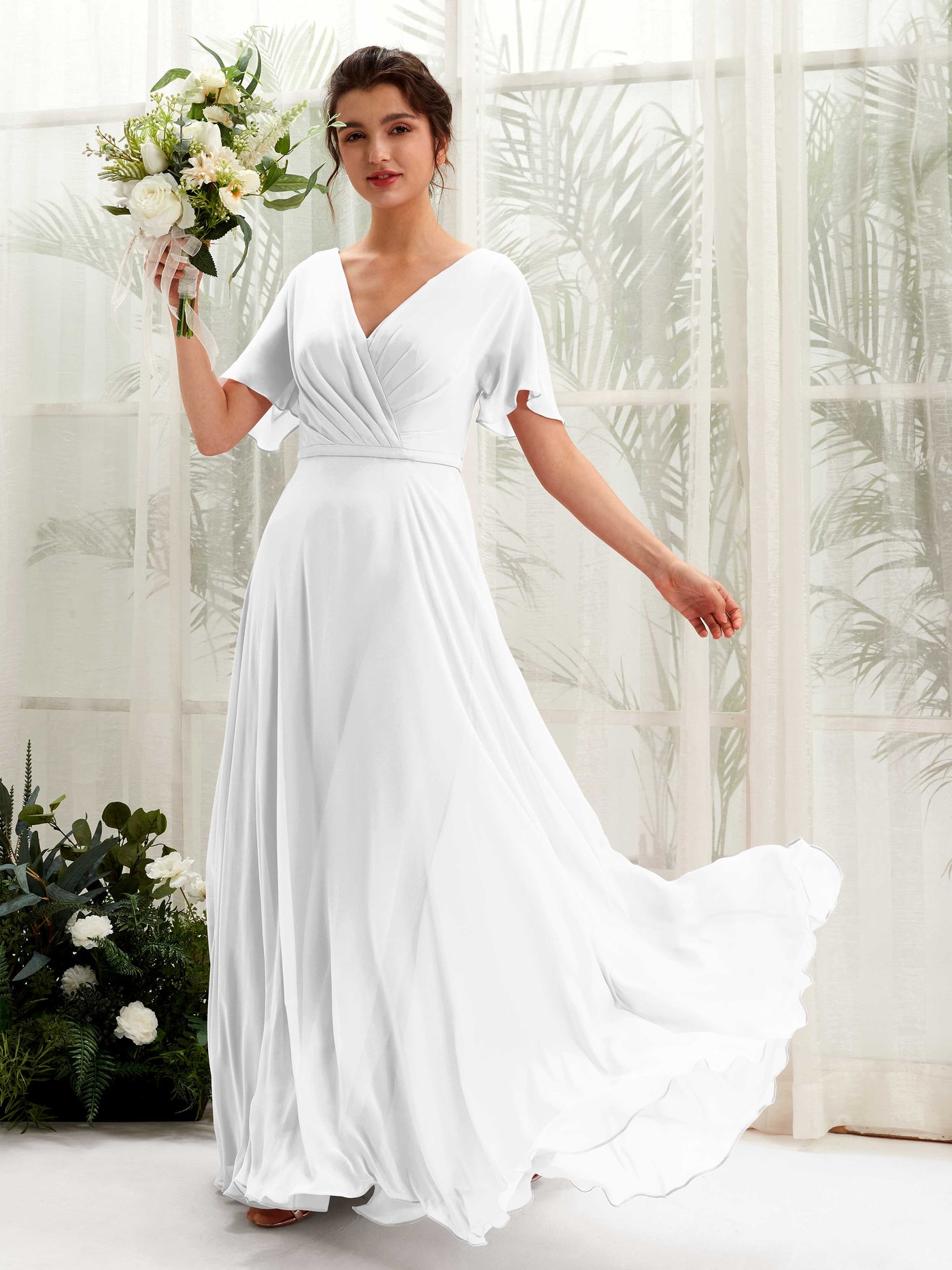 Carlyna Vestido Línea A Escote en V Escote cruzado Manga con vuelo Hasta el suelo Vestidos de dama de honor Blanco #color_blanco