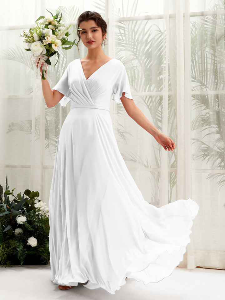 Carlyna Vestido Línea A Escote en V Escote cruzado Manga con vuelo Hasta el suelo Vestidos de dama de honor Blanco 