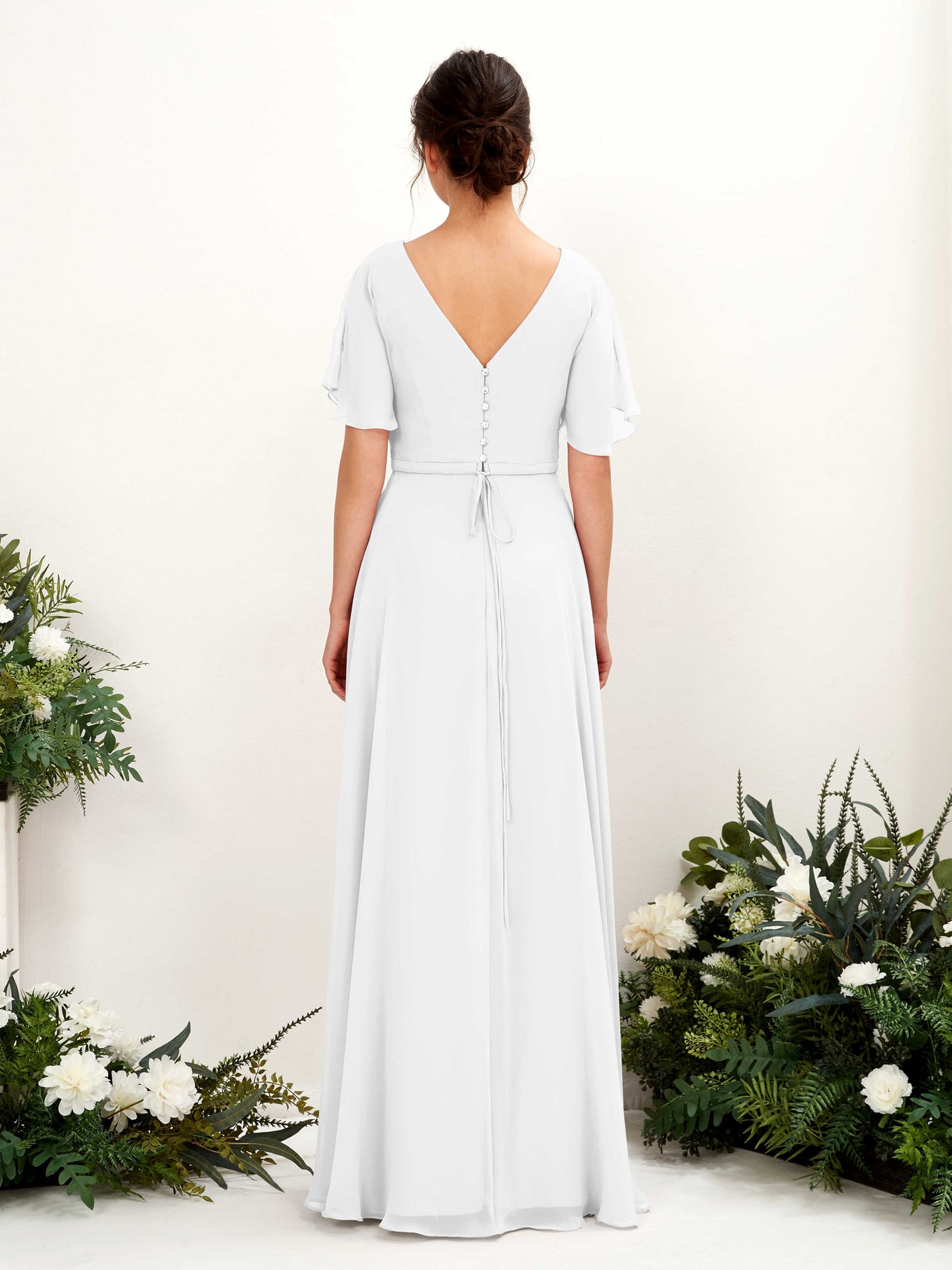 Carlyna Vestido Línea A Escote en V Escote cruzado Manga con vuelo Hasta el suelo Vestidos de dama de honor Blanco #color_blanco