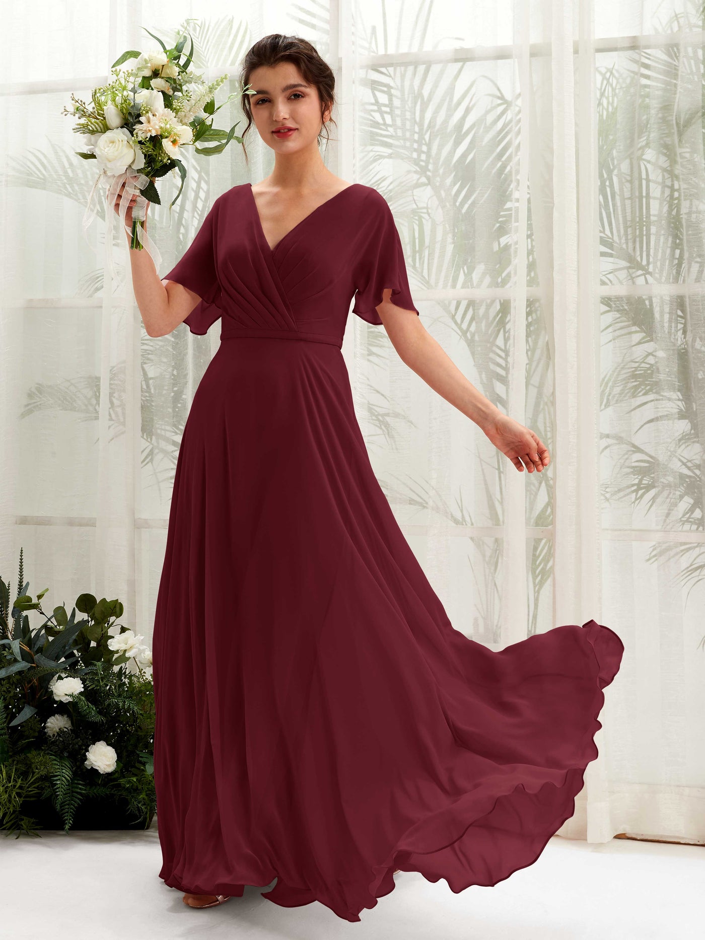 Carlyna Vestido Línea A Escote en V Escote cruzado Manga con vuelo Hasta el suelo Vestidos de dama de honor Borgoña #color_borgo-a