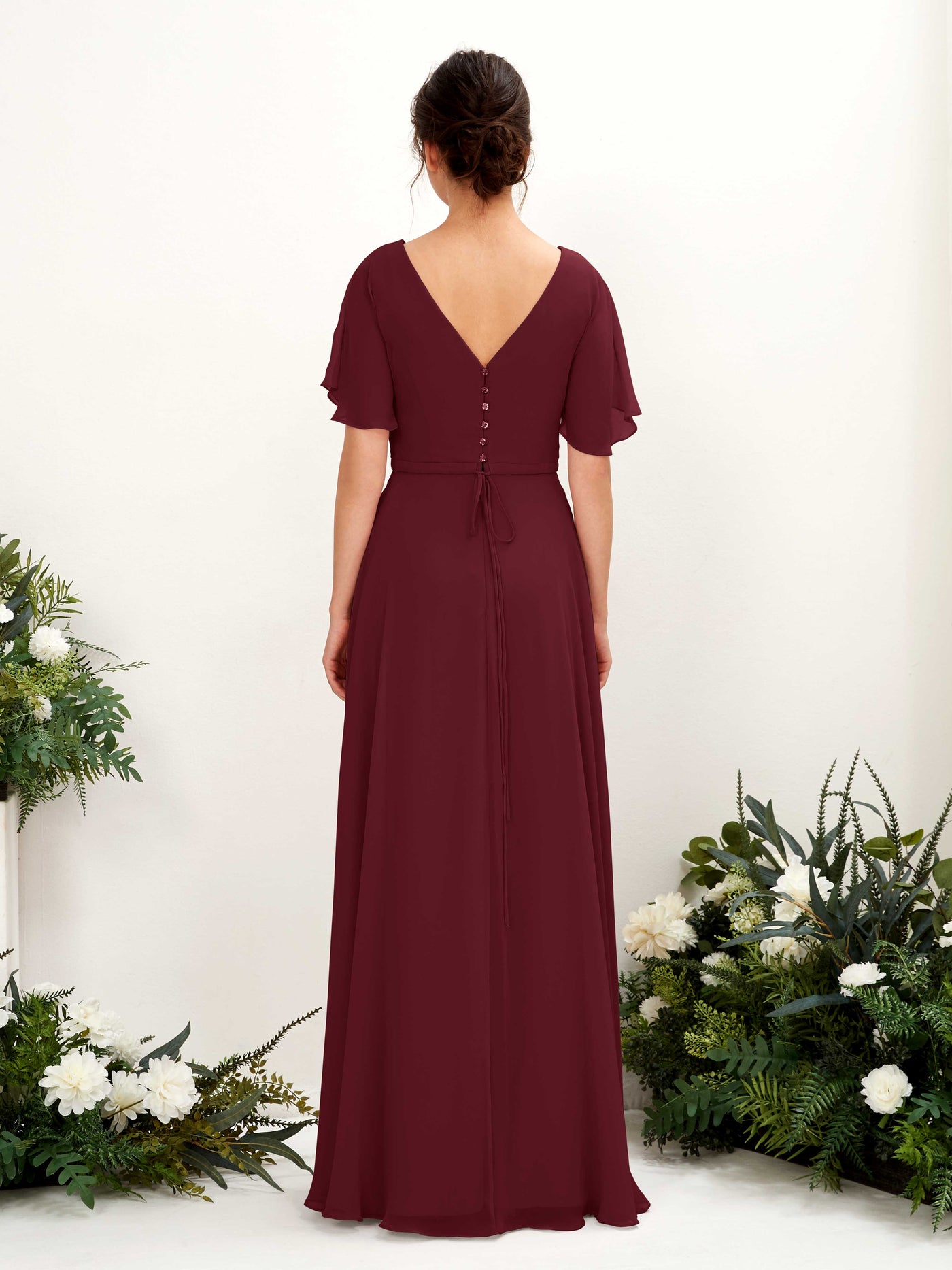 Carlyna Vestido Línea A Escote en V Escote cruzado Manga con vuelo Hasta el suelo Vestidos de dama de honor Borgoña #color_borgo-a