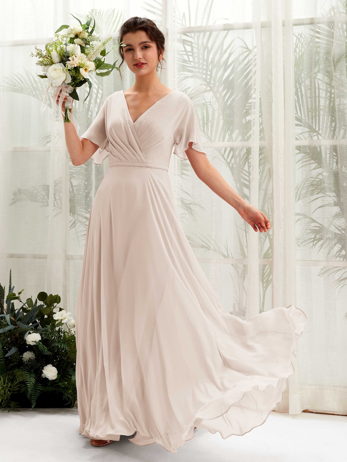 Carlyna Vestido Línea A Escote en V Escote cruzado Manga con vuelo Hasta el suelo Vestidos de dama de honor Champán #color_champ-n