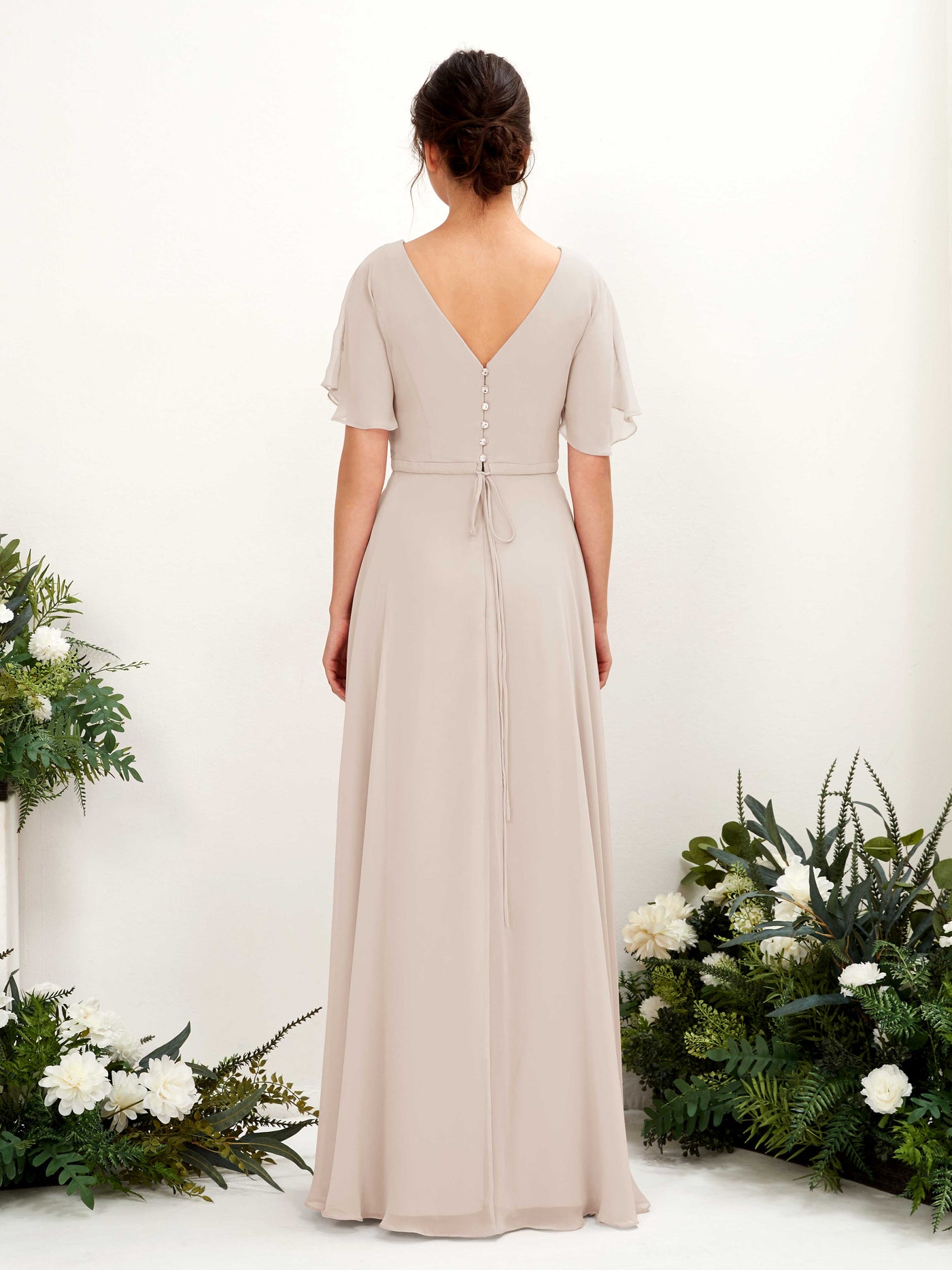 Carlyna Vestido Línea A Escote en V Escote cruzado Manga con vuelo Hasta el suelo Vestidos de dama de honor Champán #color_champ-n