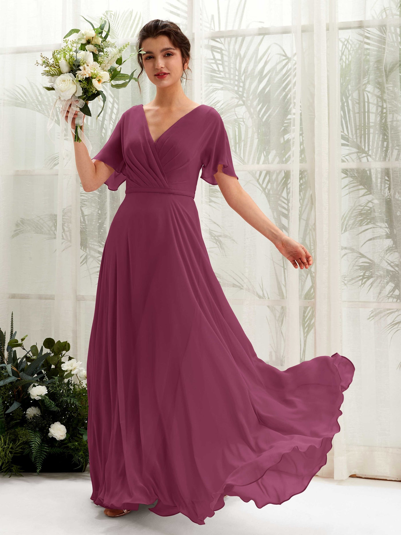 Carlyna Vestido Línea A Escote en V Escote cruzado Manga con vuelo Hasta el suelo Vestidos de dama de honor Chianti #color_chianti