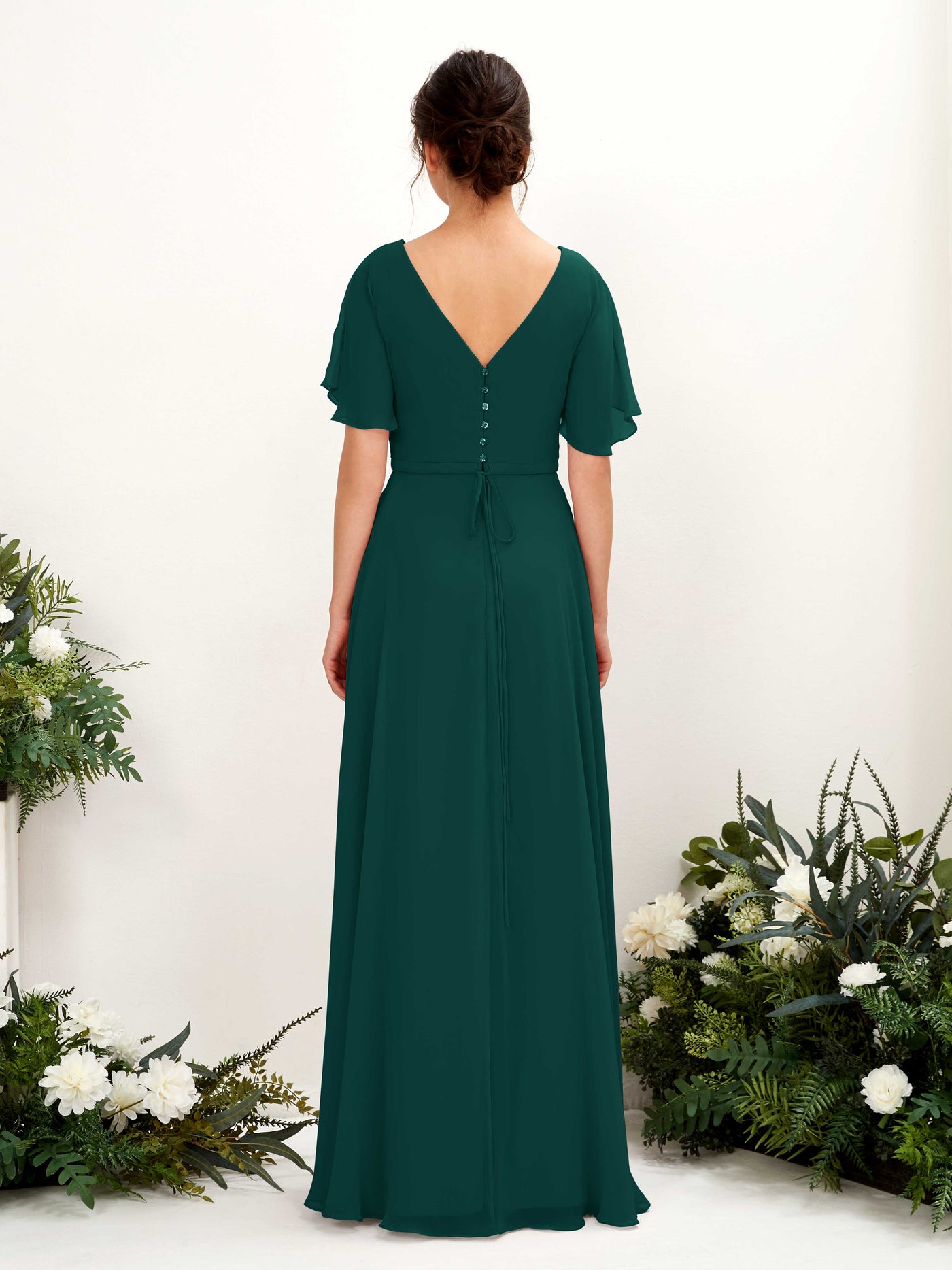Carlyna Vestido Línea A Escote en V Escote cruzado Manga con vuelo Hasta el suelo Vestidos de dama de honor Esmeralda Oscuro #color_esmeralda-oscuro