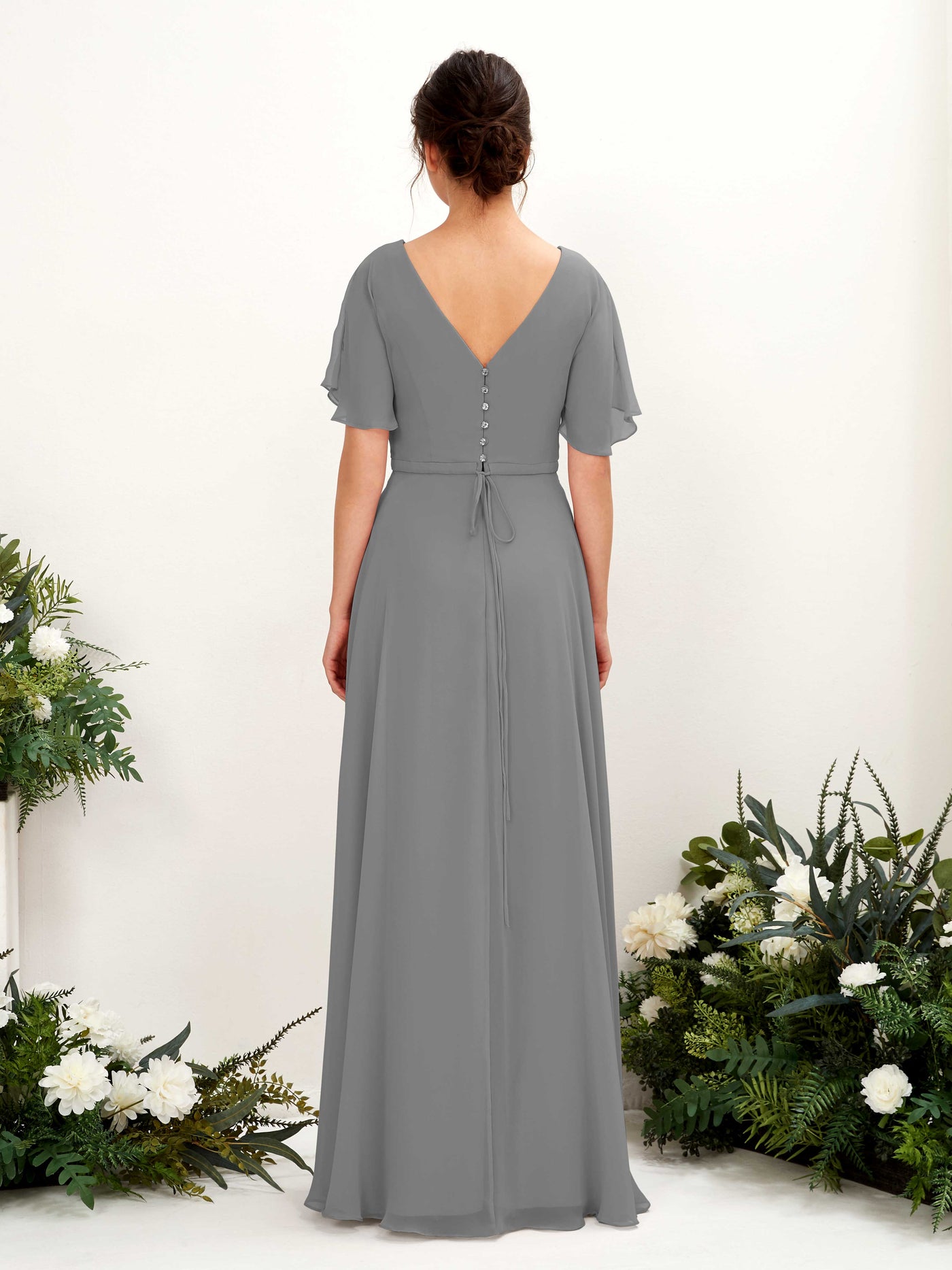 Carlyna Vestido Línea A Escote en V Escote cruzado Manga con vuelo Hasta el suelo Vestidos de dama de honor Gris Acero #color_gris-acero
