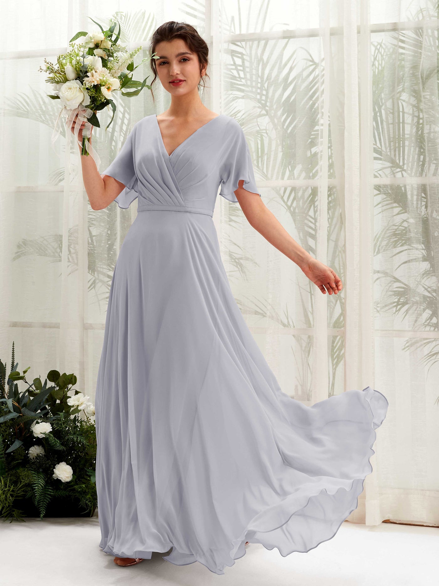 Carlyna Vestido Línea A Escote en V Escote cruzado Manga con vuelo Hasta el suelo Vestidos de dama de honor Lavanda Viejo #color_lavanda-viejo