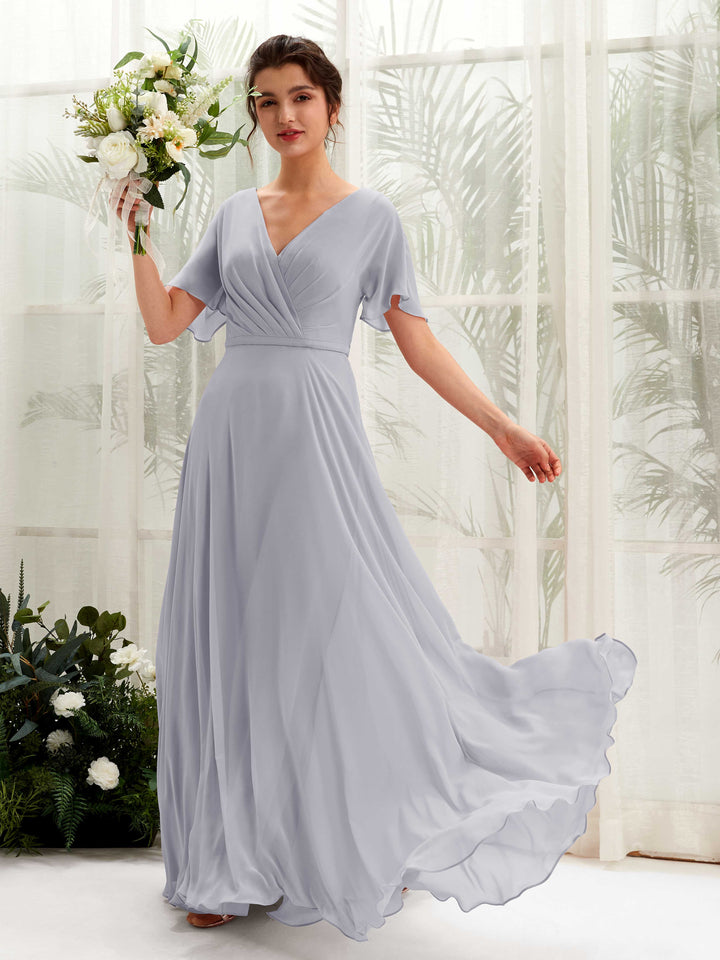 Carlyna Vestido Línea A Escote en V Escote cruzado Manga con vuelo Hasta el suelo Vestidos de dama de honor Lavanda Viejo 