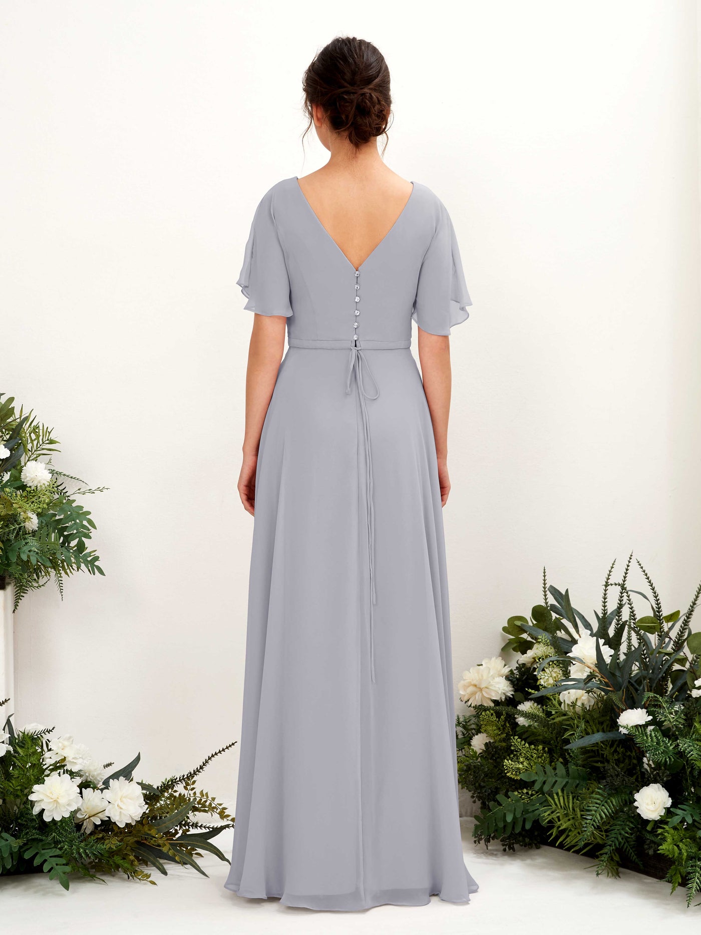 Carlyna Vestido Línea A Escote en V Escote cruzado Manga con vuelo Hasta el suelo Vestidos de dama de honor Lavanda Viejo #color_lavanda-viejo