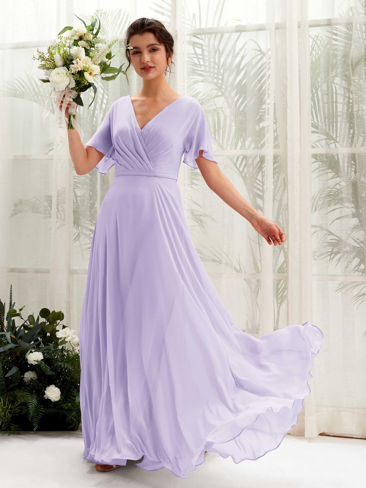 Carlyna Vestido Línea A Escote en V Escote cruzado Manga con vuelo Hasta el suelo Vestidos de dama de honor Lila #color_lila